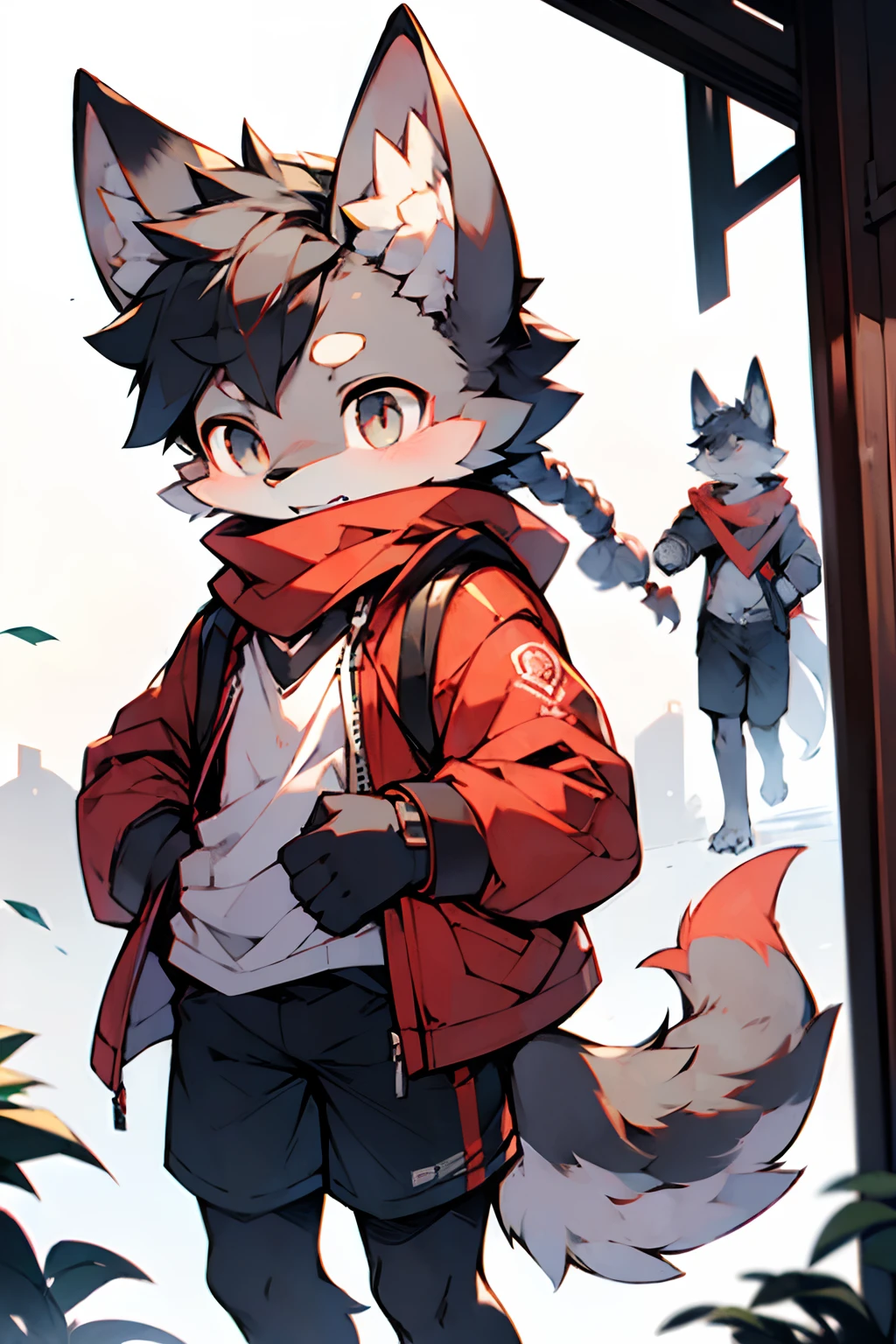 london, England, Twentieth century,gray wolf,Female,slender figures,Long thick black hair,There are two small braids,Run,Light gray,Black shorts,Red coat,Black shirt,dark gray eyes,Put your hands in your shirt pocket,Wearing a red scarf,Handsome(A masterpiece)(high qulity)(Clear structure)(Clear lines)(Background of extreme detail)(extremelydetailedcharacter)