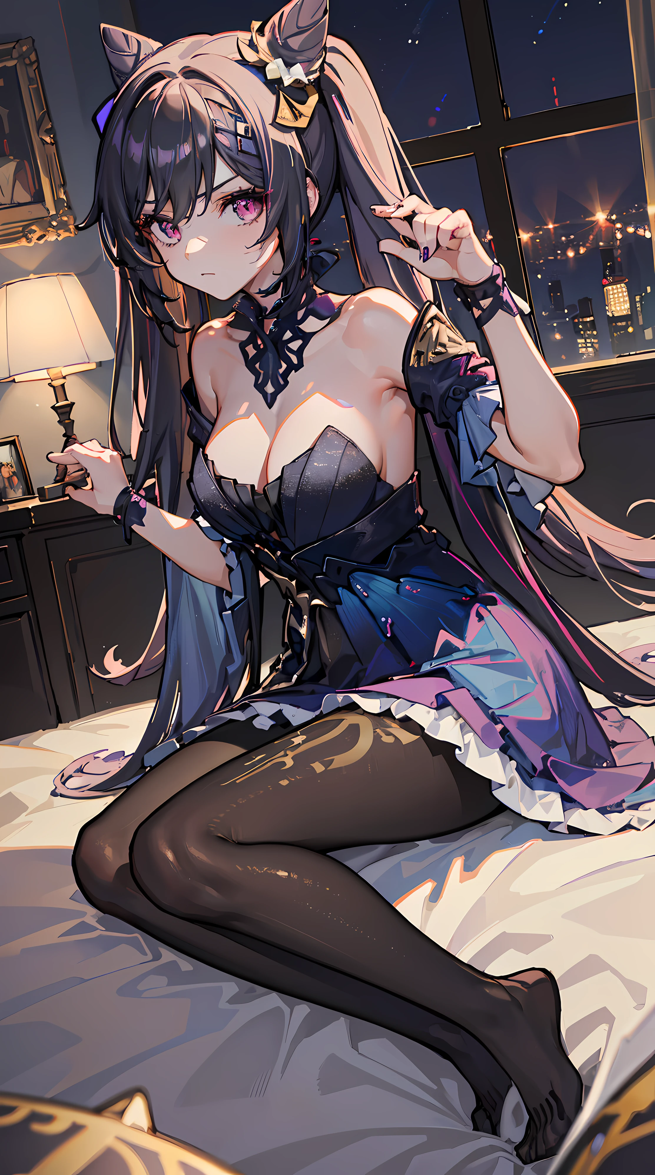 ((beautiful lighting, Best quality, 8K, Masterpiece: 1.3)), 1girl, Perfect body beauty, ((black hair)), (black night dress: 1.4), (Indoor , night: 1.1), sexy pose (lie down on the bed), Super Fine Face, Fine Eyes, Full body, naughty look, stocking