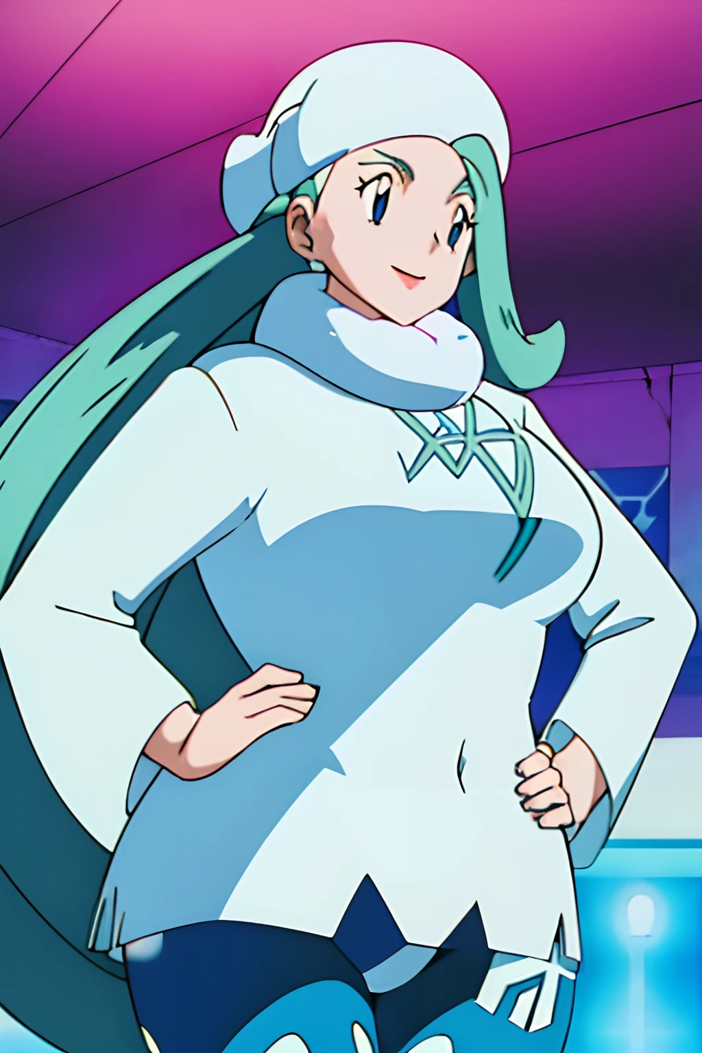 1girl, solo, (((melony \(pokemon\) 1.2))), long hair, blue eyes, gigantic breasts, mature female, wide hips, round face, thighs, white headwear, fur hat, thighhighs, white sweater, long sleeves, white scarf, (((Upper body 1.9))), seductive smile, (((hand on hip 1.3))), masterpiece, best quality