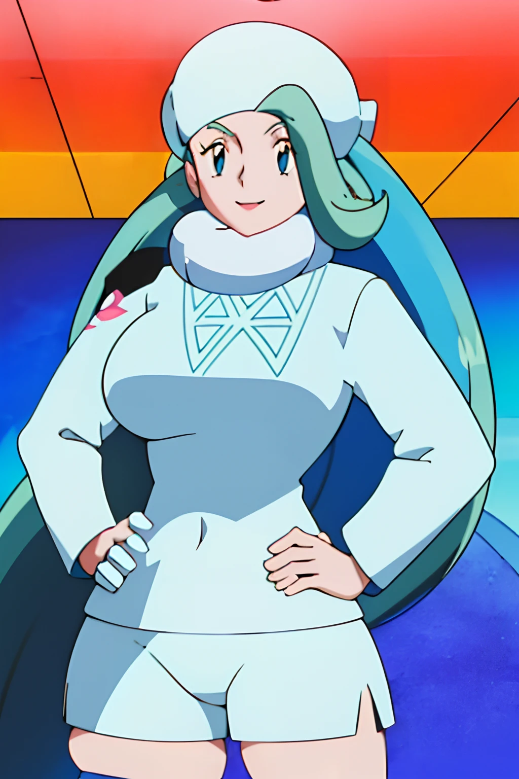 1girl, solo, (((melony \(pokemon\) 1.2))), long hair, blue eyes, gigantic breasts, mature female, wide hips, round face, thighs, white headwear, fur hat, thighhighs, white sweater, long sleeves, white scarf, (((Upper body 1.9))), seductive smile, (((hand on hip 1.3))), masterpiece, best quality