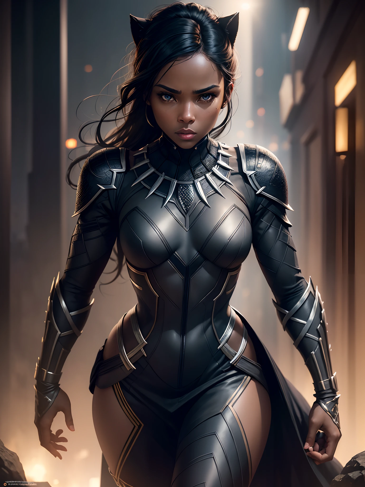 (Marvel's Black Panther, based on the costume from the Marvel films), (work of art), (ultra detailed), (8k resolution), (extremely detailed), Abstract expressionist painting "Hyperion", Black Panther God, epic image, dark environment, digital painting, Character concept art portrait, (sexy female body, impressive cleavage, very open, extremely beautiful and large natural breasts, most beautiful and sexy image ever).