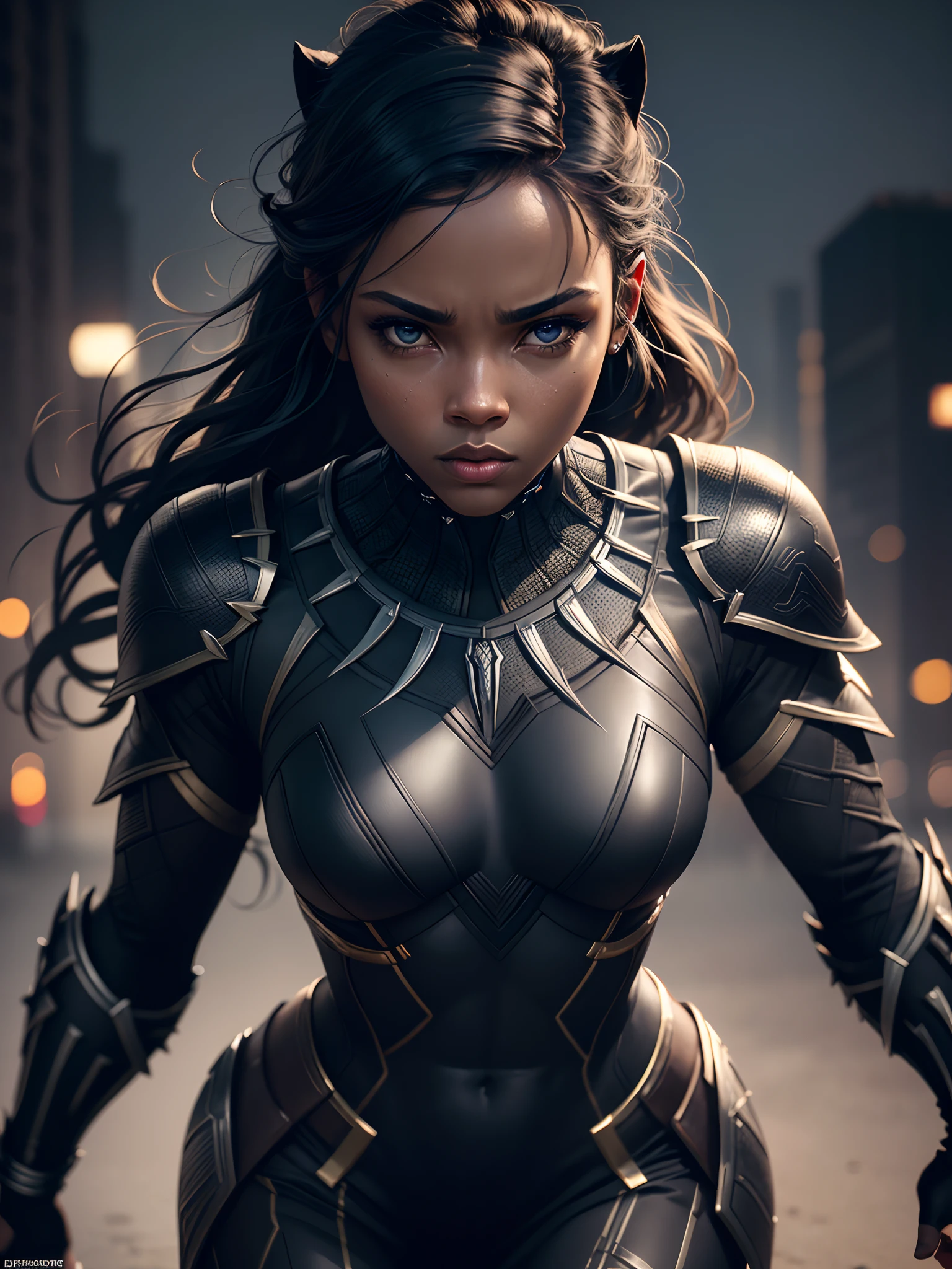 Girl 25 years old, beautiful as Black Panther 8k, high definition, Detailed face, Detailed face, Detailed eyes, detailed suit, In the style of Marvel and DC, hyper-realistic, + cinematic shot + dynamic composition, incredibly detailed, sharpen, Details + Superb details + Night Light + perfectionism + award-winning realism ((Moody Lighting))