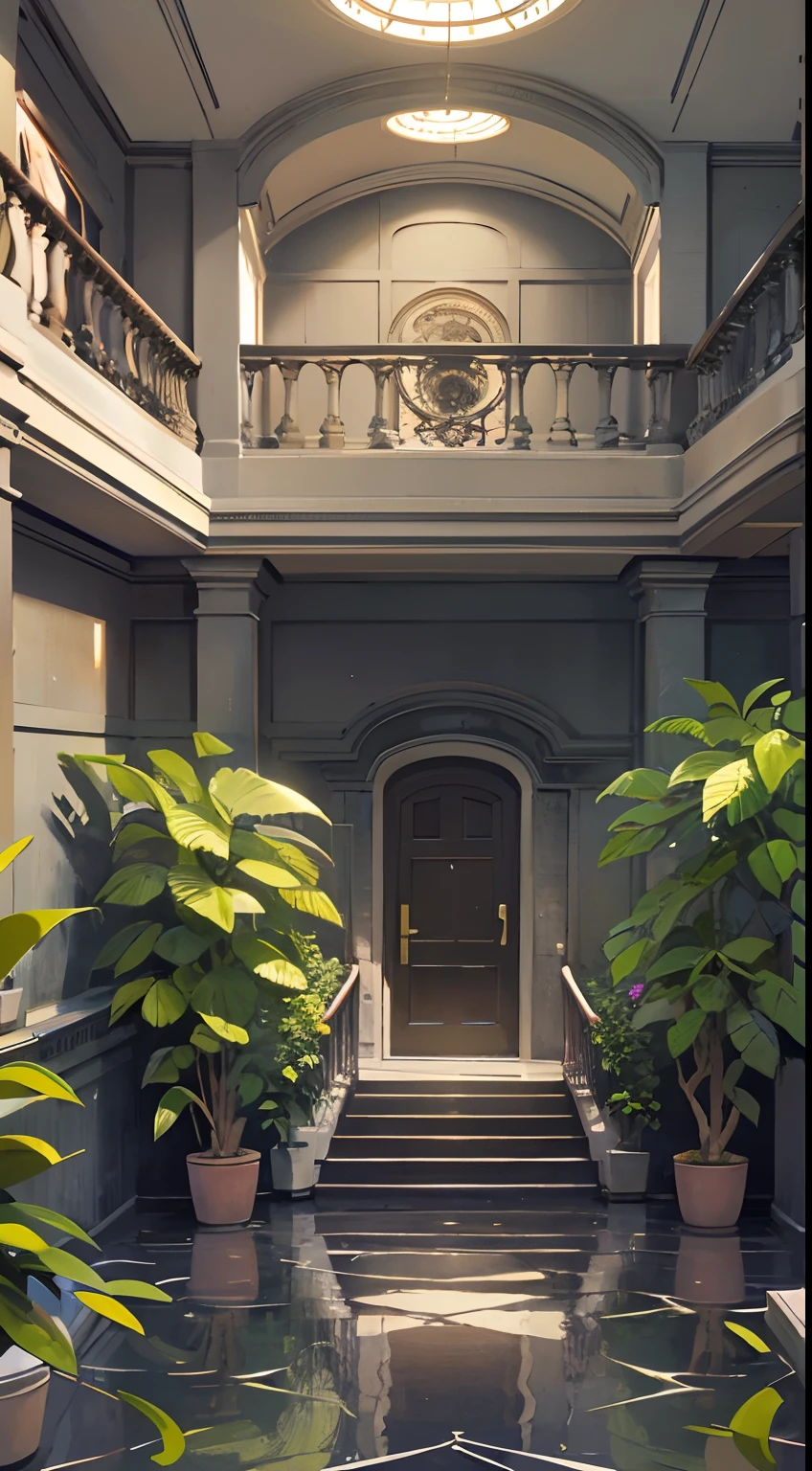 Large fantasy abandoned mall, Flood the floor, glass ceilings, Upstairs viewpoint with parapet, green trees, vines, an orchid flower, Bromeliaceae, palmeiras, Ornaments, Golden, Many plants, Tropical plants, marble walls, Dynamic light, 8K, Masterpiece, Ultra detailed, Beautiful.