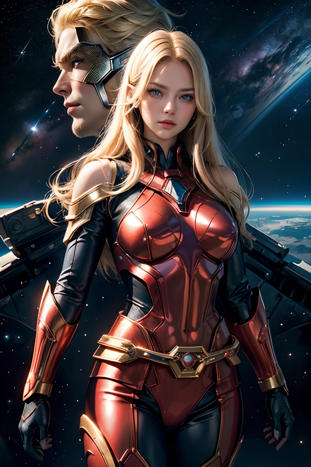 Beautiful woman with blonde blue eyes。Details of face。Beautiful double。Passed nasal muscle。plump lips。She fits snugly and is dressed in a metallic scarlet suit.。He has a transformation belt around his waist like a Kamen Rider.。Giant space battleship advancing in outer space on female background。８K image quality。Masterpiece