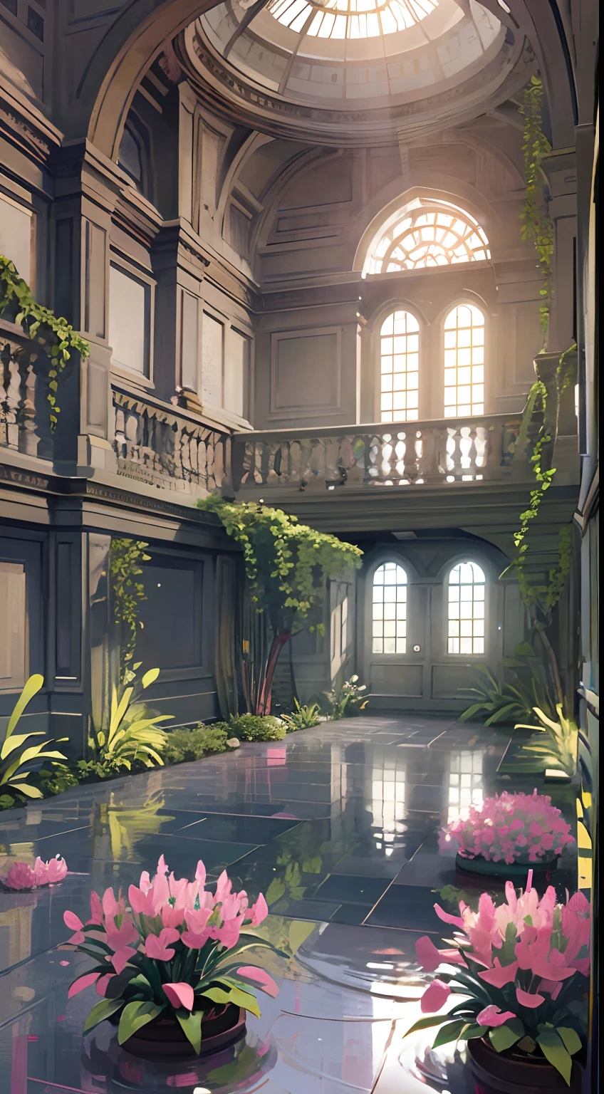 Large fantasy abandoned mall, Flood the floor, glass ceilings, Upstairs viewpoint with parapet, green trees, vines, an orchid flower, Bromeliaceae, palmeiras, Ornaments, Golden, Many plants, Tropical plants, marble walls, Dynamic light, 8K, Masterpiece, Ultra detailed, Beautiful.