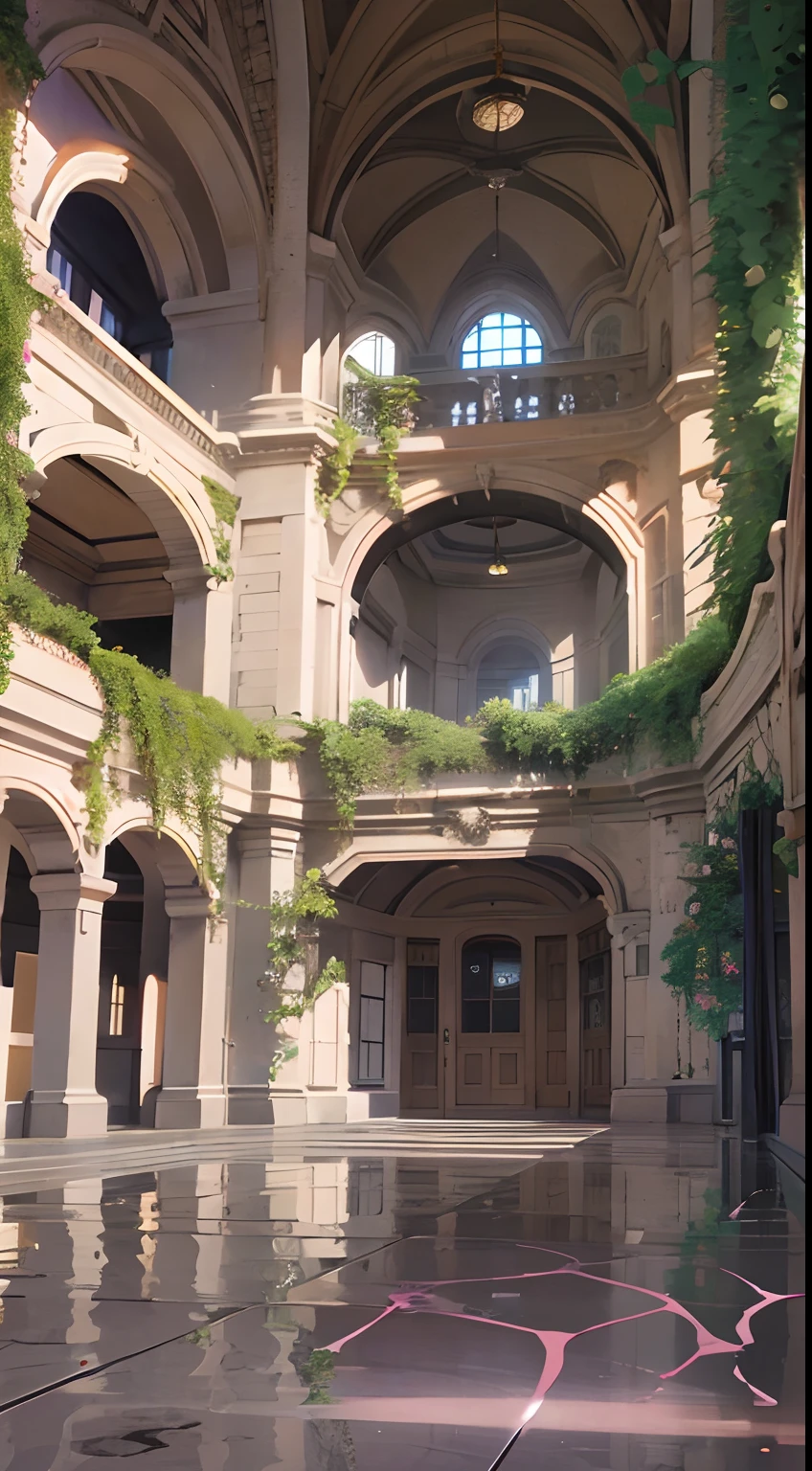 Large fantasy abandoned mall, Flood the floor, glass ceilings, Upstairs viewpoint with parapet, green trees, vines, an orchid flower, Bromeliaceae, palmeiras, Ornaments, Golden, Many plants, Tropical plants, marble walls, Dynamic light, 8K, Masterpiece, Ultra detailed, Beautiful.