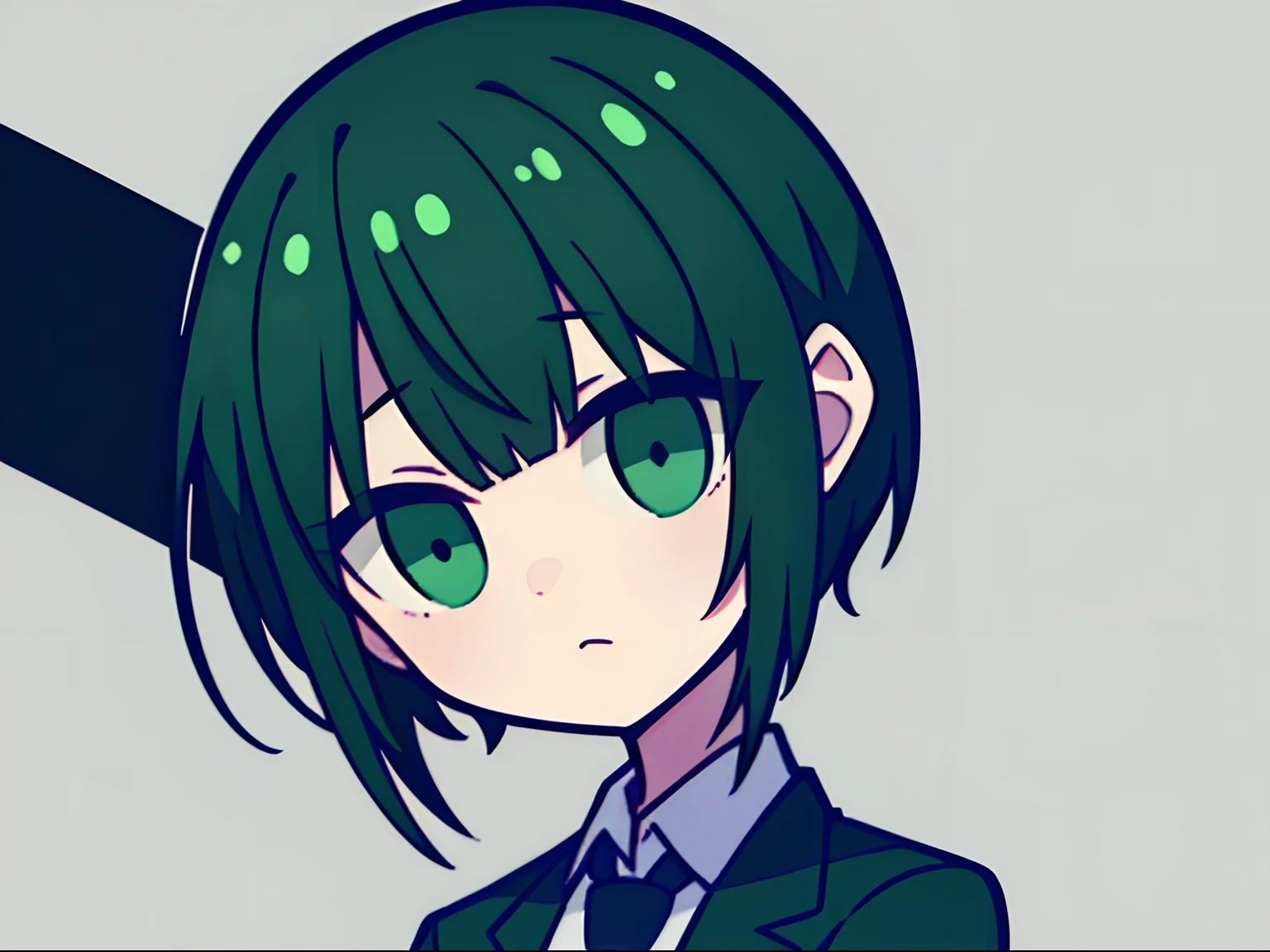 Green and black short hair sad girl in suit