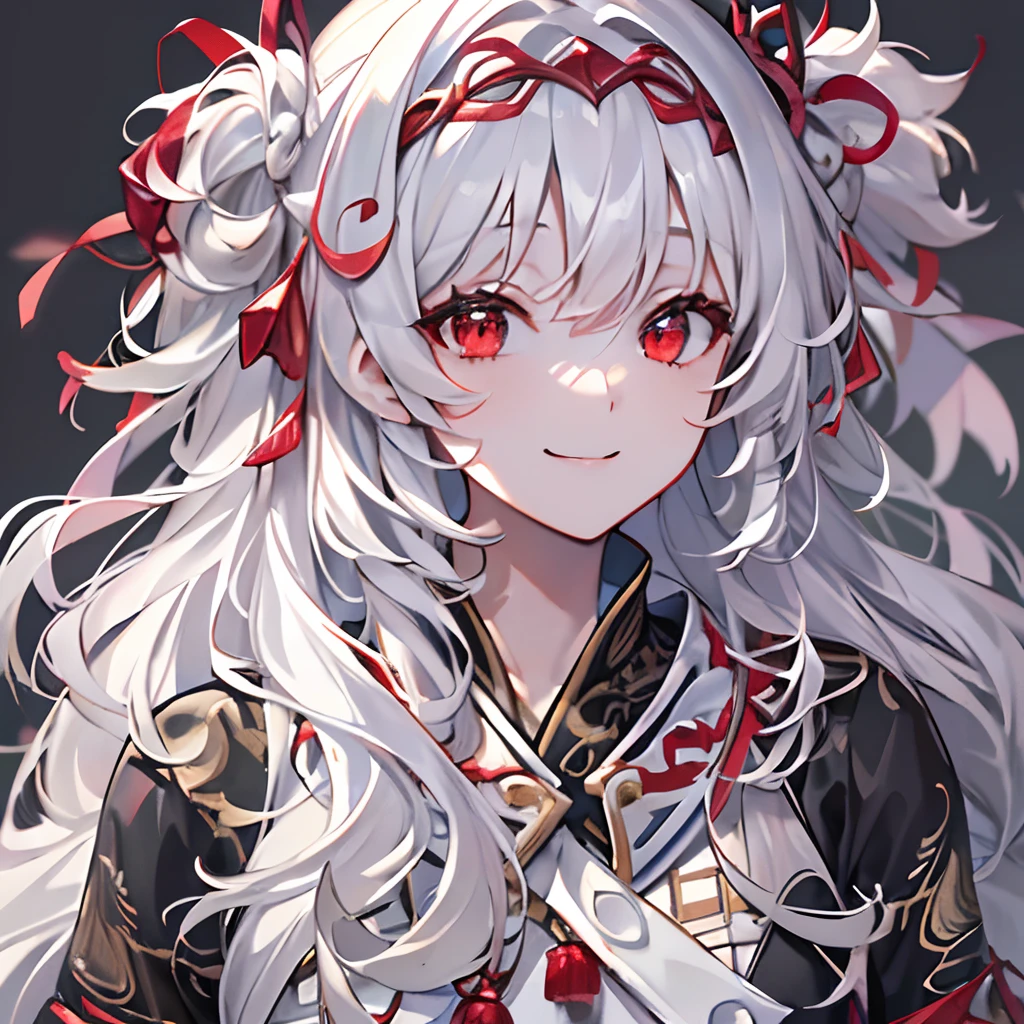 (Best quality,4K,8K,A high resolution,Masterpiece:1.2),Ultra-detailed,(delicated:1.37),Red eyes,White hair,Long messy hair,tangled hair,Red and white shrine girl costume,CG,Smooth skin,No background,Smiling,Character design,a pregirl,individual,Pure black monotonous background。