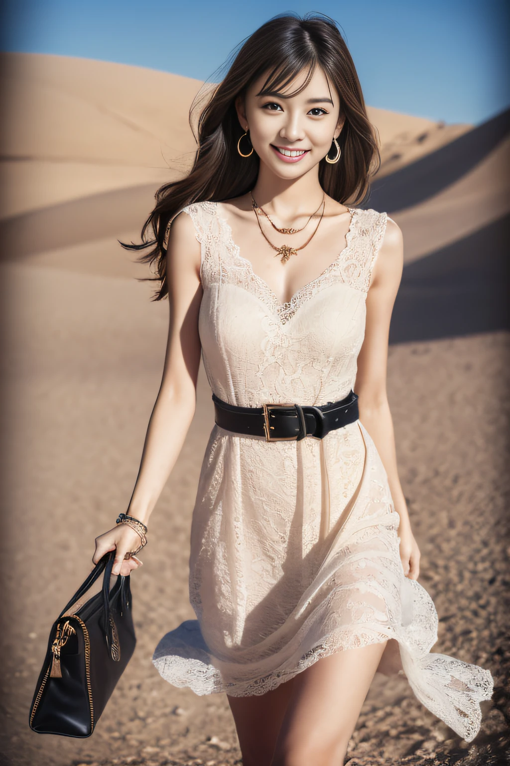 (A very beautiful and cute girl with a gentle expression), (Masterpiece:1.3), (8K), (Photorealistic:1.5),( Raw Photography), (Best Quality:1.4), (UHD), (1girl), (Ultra High Detailed), (Detailed face), very perfect beautiful and cute face, (Detailed hair), Beautiful hair, bangs, (symmetrical eyes:1.3), (Detailed eyes), cute eyes, (Detailed skin), Realistic skin, Beautiful skin, Ultra high definition, medium breasts:0.8, slim figure, (super model figure), gentle smile,
( wearing a white lace dress, damask pattern shirt dress:1.7, coats, belt, handbag ), (earrings, necklaces, bracelets), in the desert