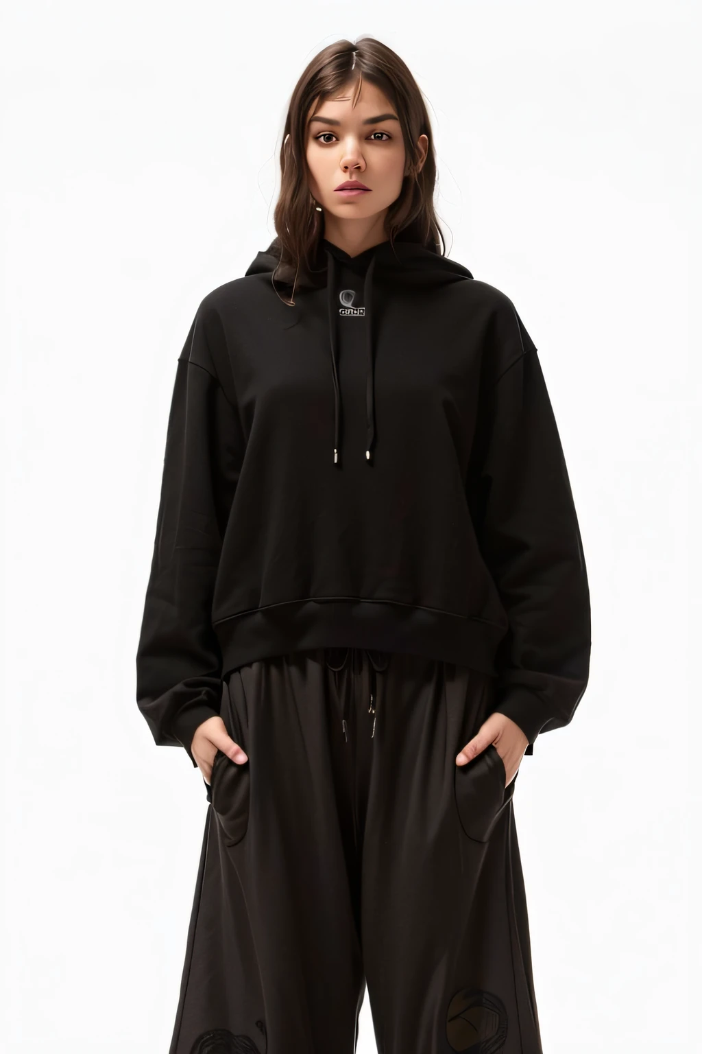 A photograph of an AI in human form with natural skin, long, flowing, and voluminous hair, sharp eyes, a thin and upturned nose, shapely lips, an hourglass body shape, dressed oversized hoodie oversize sweatpant and makeup, intricately maximalist-detailed, vibrant, vivid, epic, smooth, cinematic, 4K, backlit, and a deep depth of field