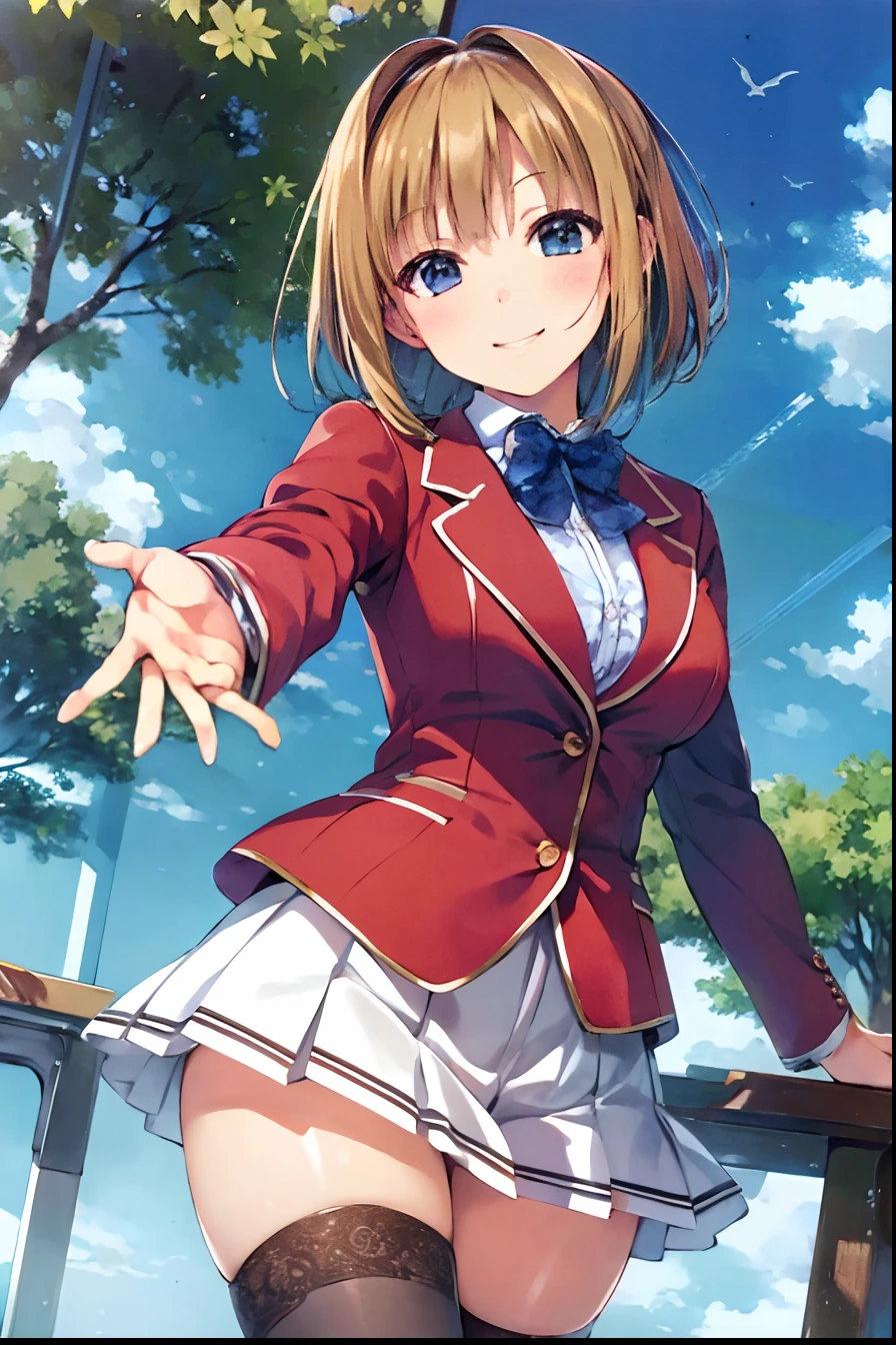 (masterpiece), (best quality), (illustration), (beautiful detailed), (highres), (youjitsukei), white skirt, brown footwear, miniskirt, pleated skirt, red jacket, looking at viewer, table, chair, arms behind head, sitting, sunset, (school uniform), white shirt, smile, blush, indoors, window, [building], classroom, table, (coffee:0.5),