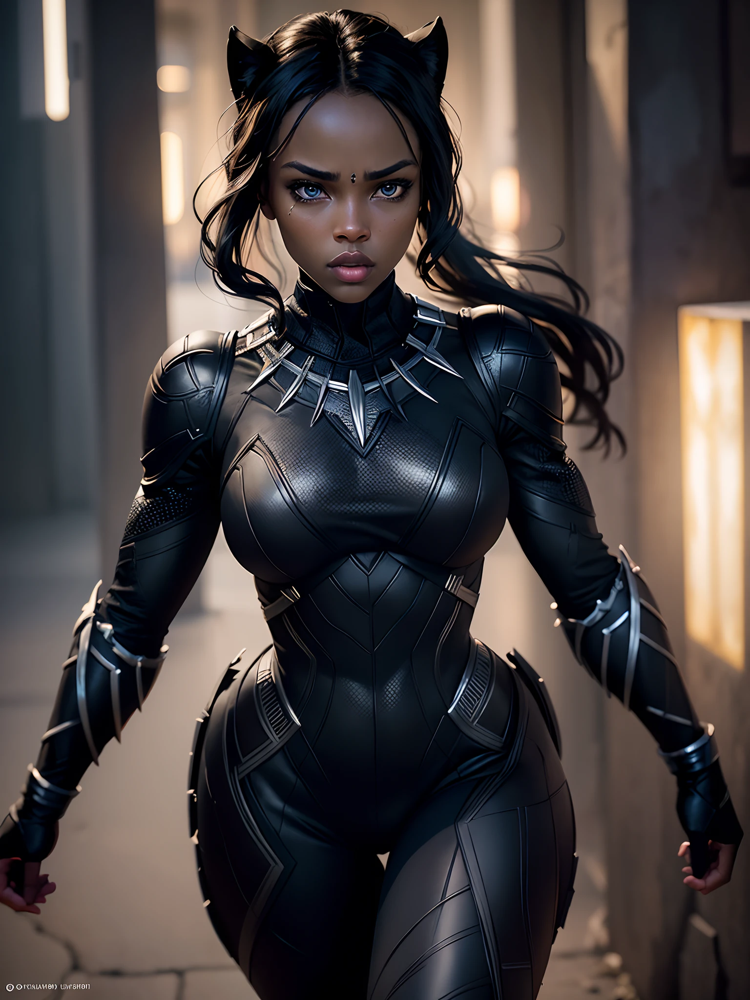 Girl 25 years old, beautiful as Black Panther 8k, high definition, Detailed face, Detailed face, Detailed eyes, detailed suit, In the style of Marvel and DC, hyper-realistic, + cinematic shot + dynamic composition, incredibly detailed, sharpen, Details + Superb details + Night Light + perfectionism + award-winning realism ((Moody Lighting))
