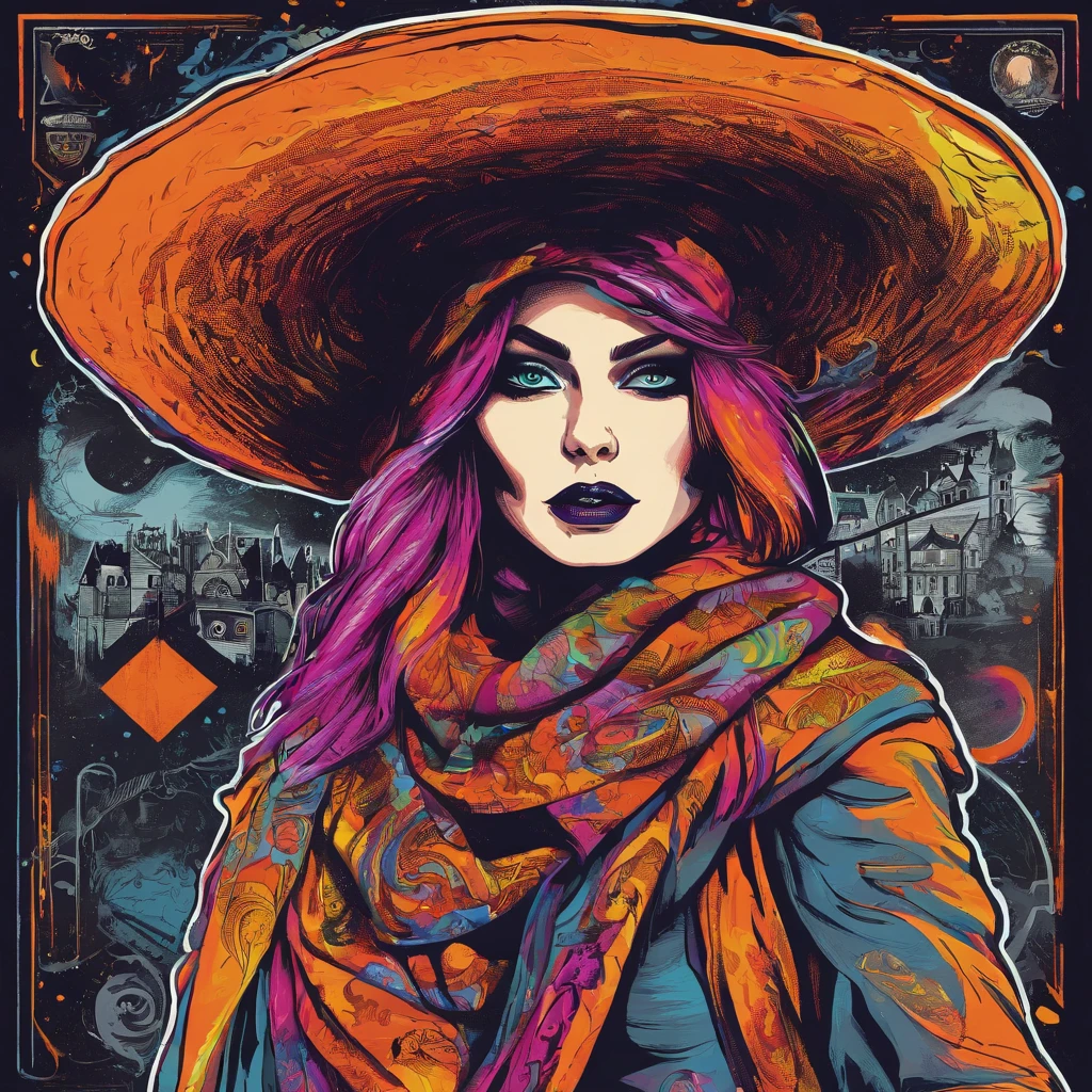 a painting of a witch wearing a big witch hat and scarf, trending in the art station, dressed in punk clothes, detailed hyper realistic rendering, street style, intimidating pose, planet of the world, clothes with Halloween fashion, west slavic features, 8 1 5, animations