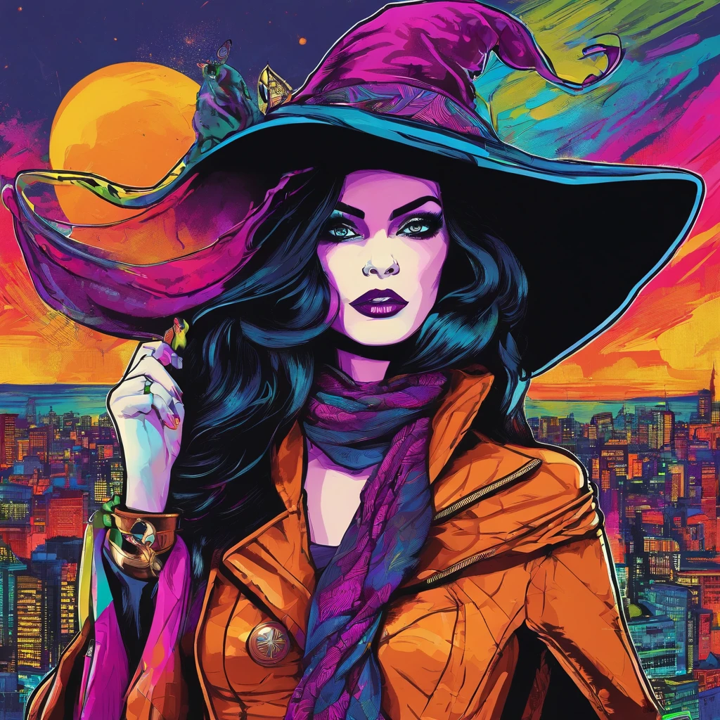 a painting of a witch wearing a big witch hat and scarf, trending in the art station, dressed in punk clothes, detailed hyper realistic rendering, street style, intimidating pose, planet of the world, clothes with Halloween fashion, west slavic features, 8 1 5, animations
