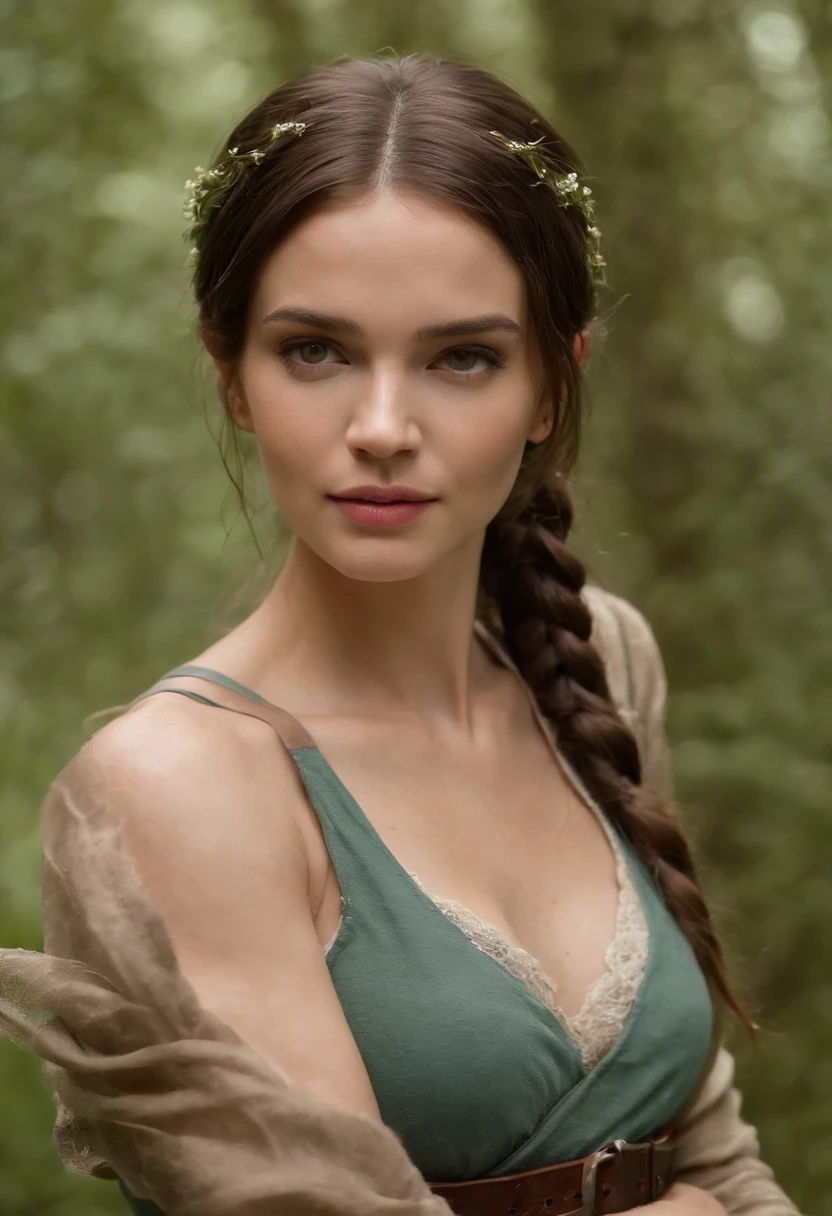 (((uma ferida avermelhada profunda atravessa sua bochecha esquerda))) tez justa, mulher em torno de 19 anos, cabelos brancos naturais, olhos verdes distintos, vestindo kohl, slender and graceful, Beautiful, luz de velas em um ambiente medieval, Ultra sharp focus, tiro realista, roupas femininas medievais, cores tetradicas (cicatriz:1.4) lara croft, tomb raider, lara sexy