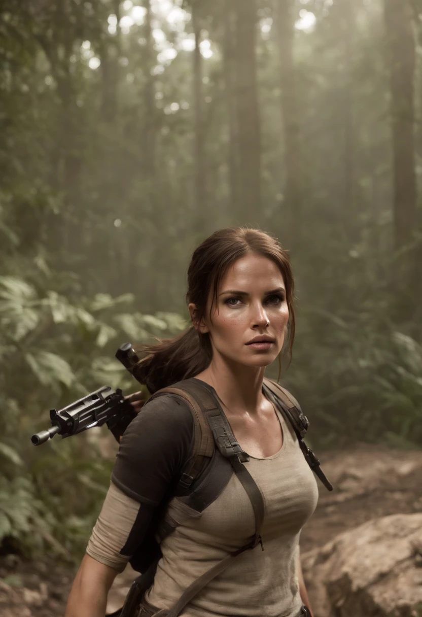 lara croft, ultra realismo, game, tomb raider, detalhado, alta resolução, lara com armas, molhada, seios grandes