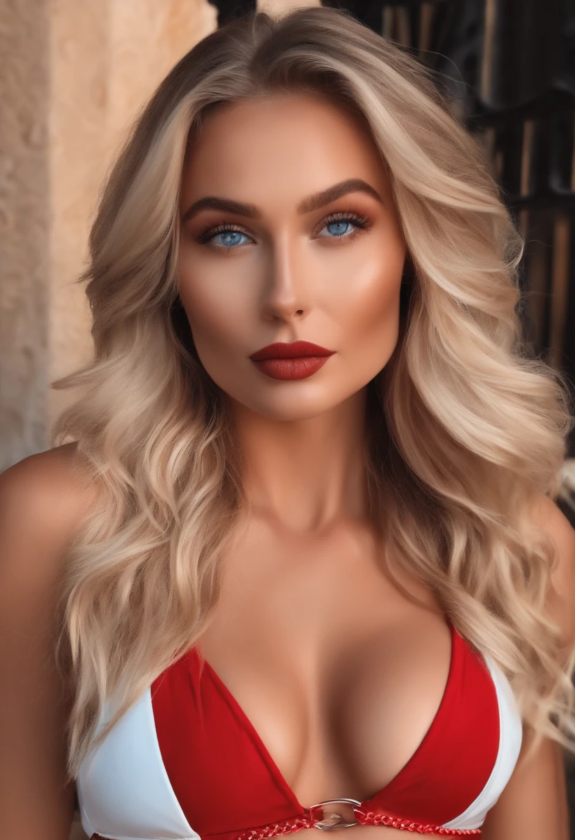 realistic white female instagram influencer, best quality, blonde, 1 girl, blue eyes, in tight red bikini