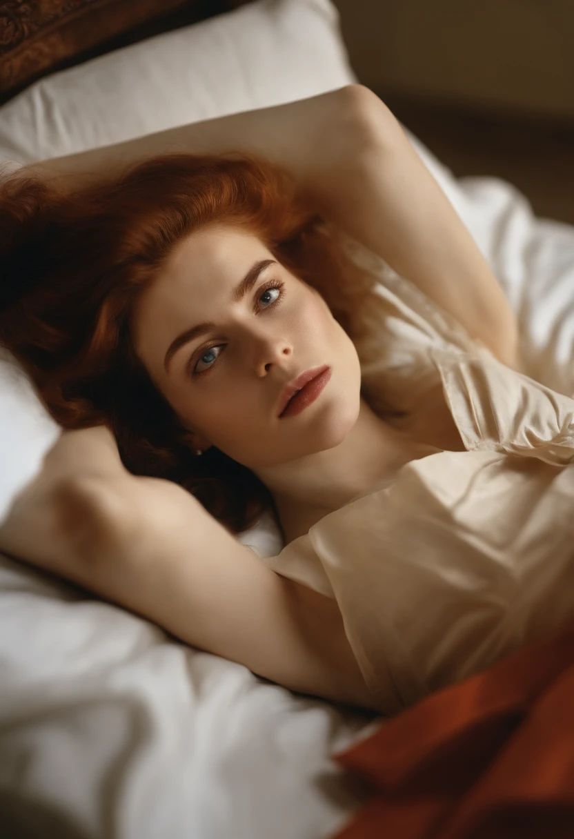 wide angle photograph, genetic descendent of international model alena yarysh and rose leslie, expressively modeling poses for egon schiele, lying on a bed, 1999