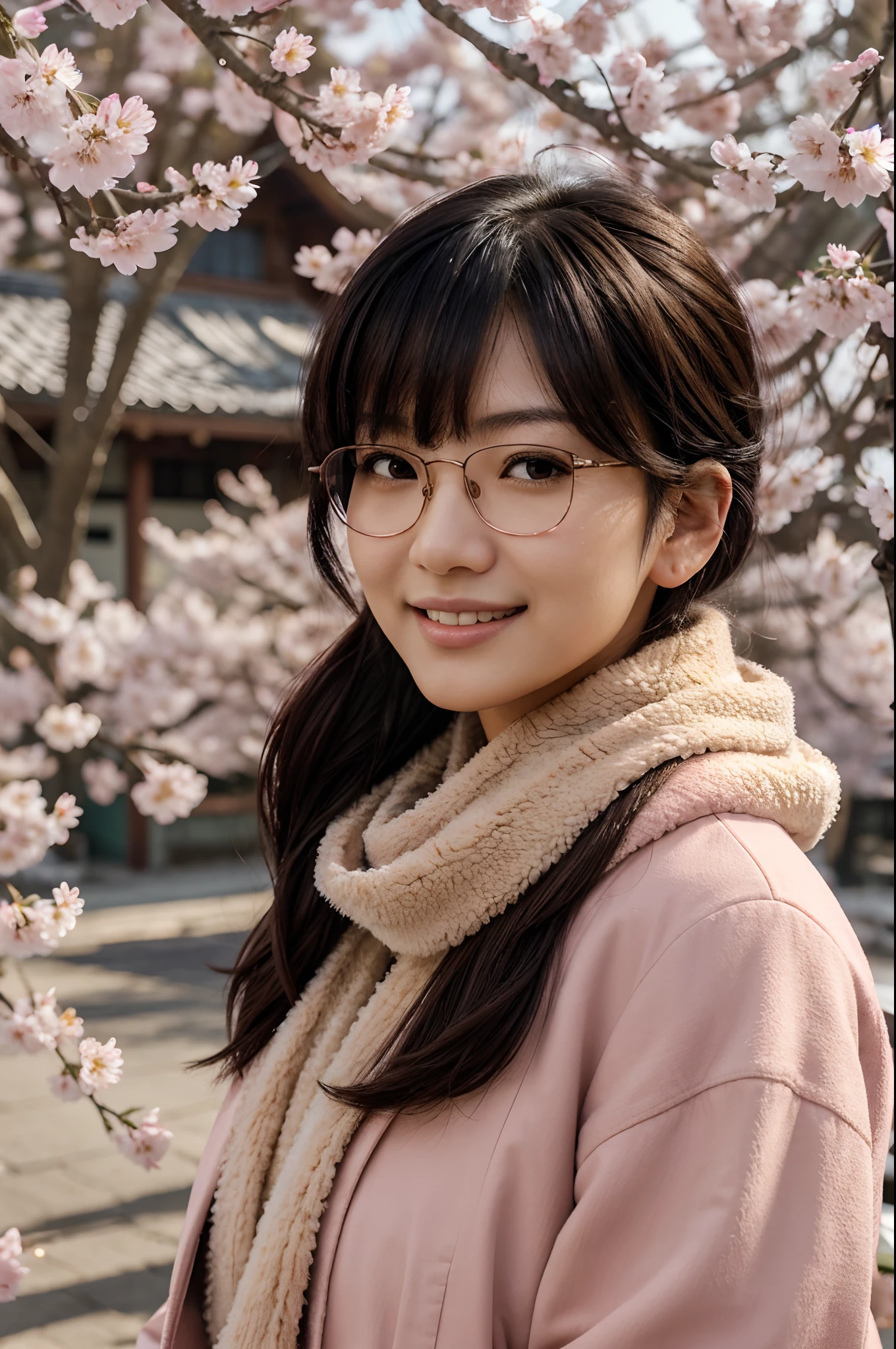 masterpiece, japanese woman with a camera in hand, blush, perfect illumination, wavy short black hair that is tied up, brown eyes, sunlight, sunset colors, extremely detailed face, bangs, bright light skin, fluffy jacket, close-up portrait, rimless glasses, furry scarf, colorful, spring, sakura blossoms, trees, big smile