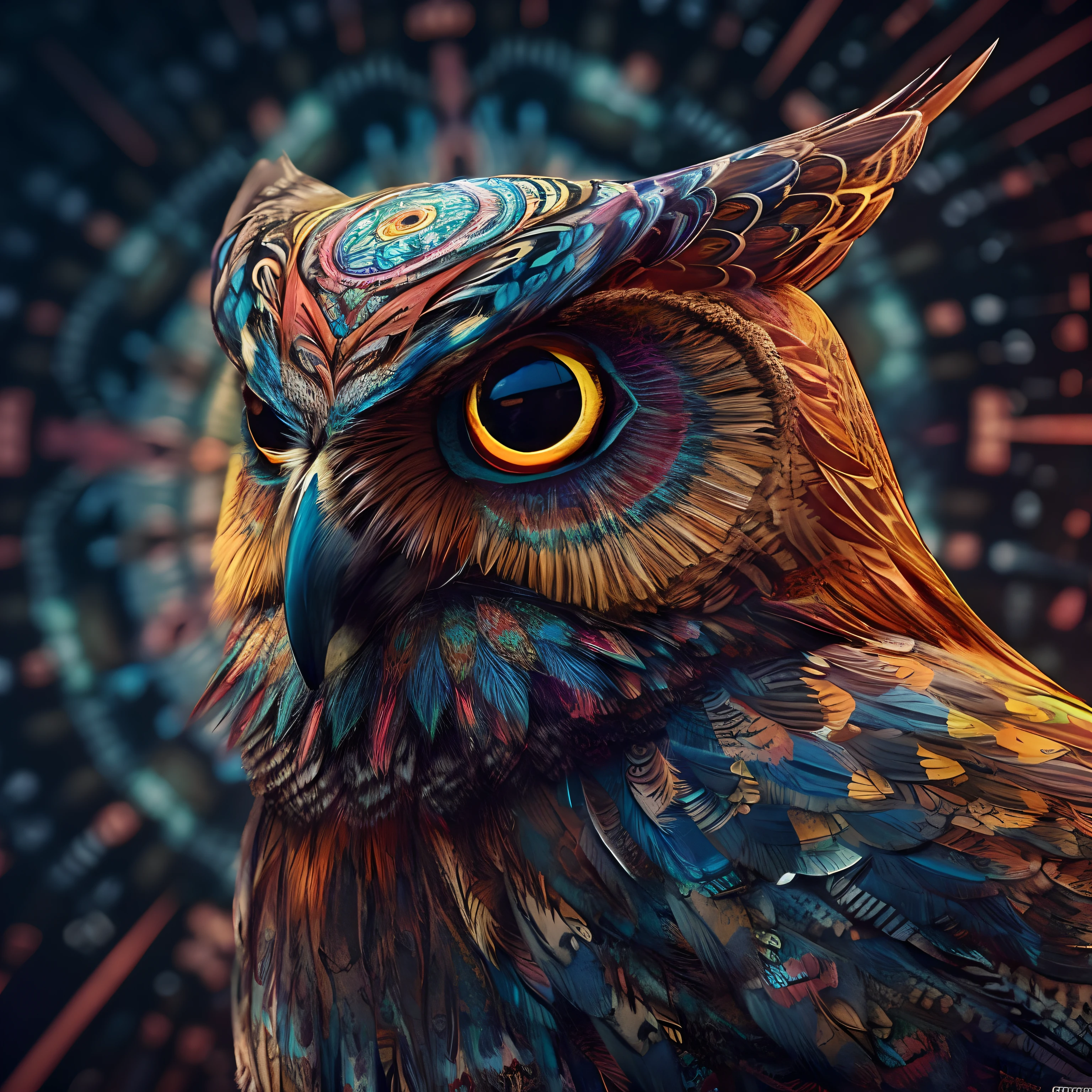 brightly colored owl with a psychedelic look on its face, highly detailed digital art, 4k highly detailed digital art, highly detailed digital artwork, high detailed digital art, ultra-detailed digital art, extremely detailed digital art, detailed digital artwork, 8k high quality detailed art, highly detailed and hypnotic, ultra detailed digital art, overdetailed digital art