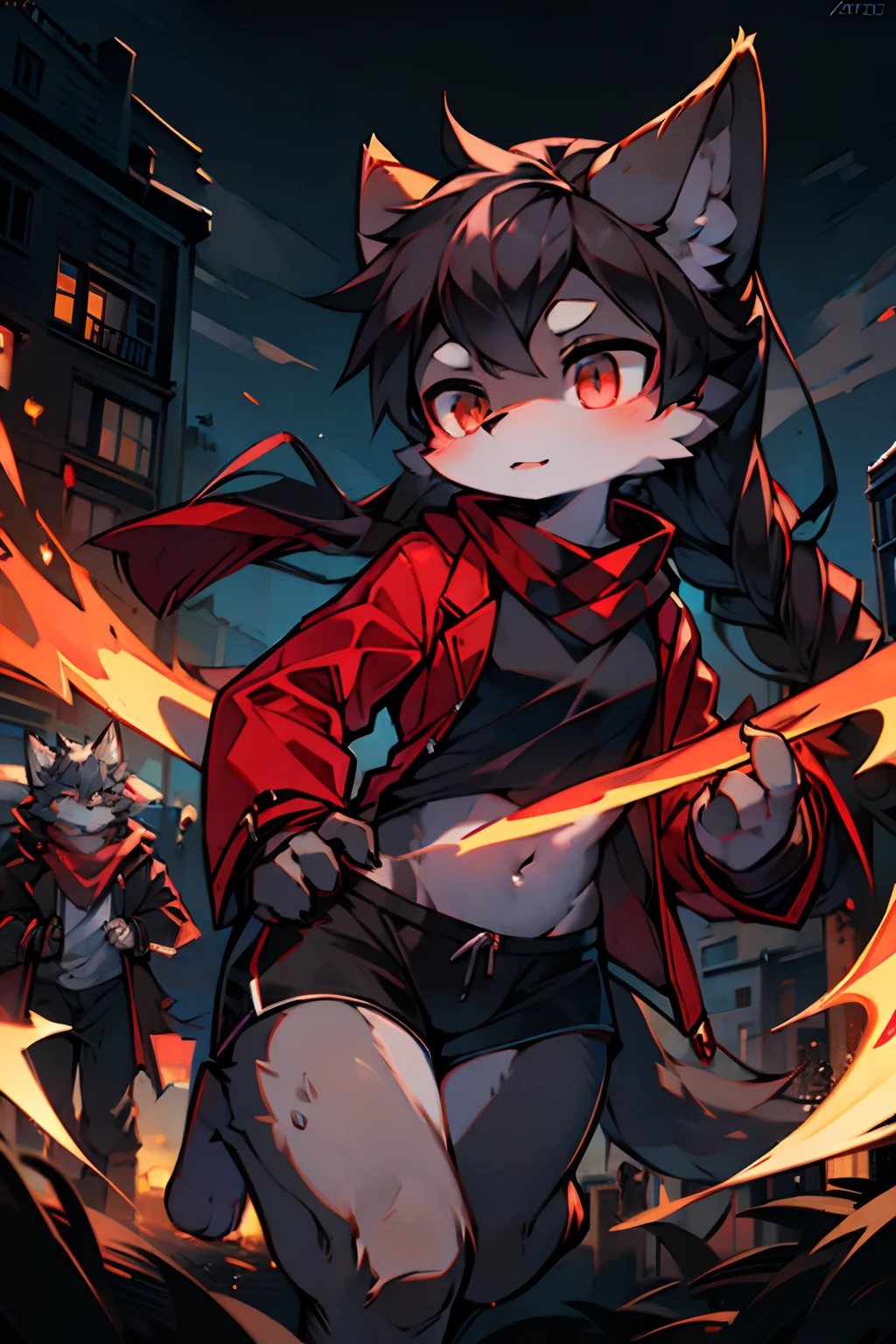 london, England, Twentieth century,gray wolf,Female,slender figures,Long thick black hair,There are two small braids,Run,Light gray,Black shorts,Red coat,Black shirt,dark gray eyes,Put your hands in your shirt pocket,Wearing a red scarf,Handsome(A masterpiece)(high qulity)(Clear structure)(Clear lines)(Background of extreme detail)(extremelydetailedcharacter)