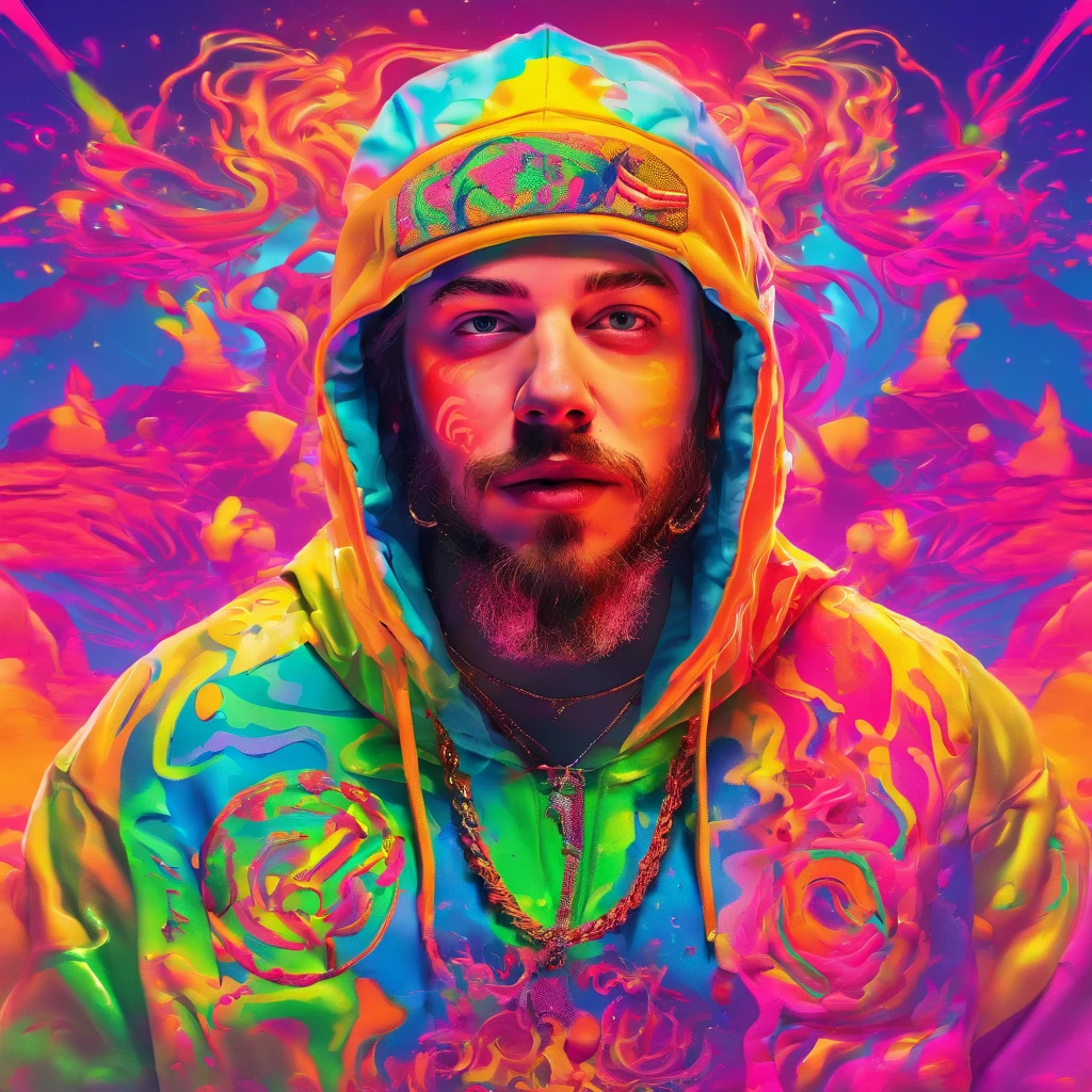a man (Post Malone) wearing a hoodie with cap and a dollar sign chain and tattoo in his neck like a professional rapper with a neon makeup and headdress , transgressive art, sharp focus, 8 k, octane render , saturated colors, pastel colors