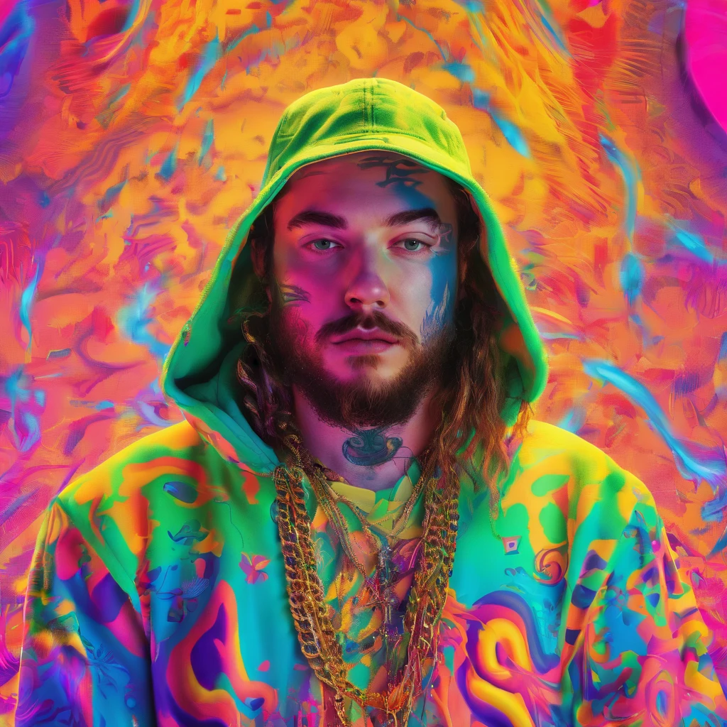 a man (Post Malone) wearing a hoodie with cap and a dollar sign chain and tattoo in his neck like a professional rapper with a neon makeup and headdress , transgressive art, sharp focus, 8 k, octane render , saturated colors, pastel colors