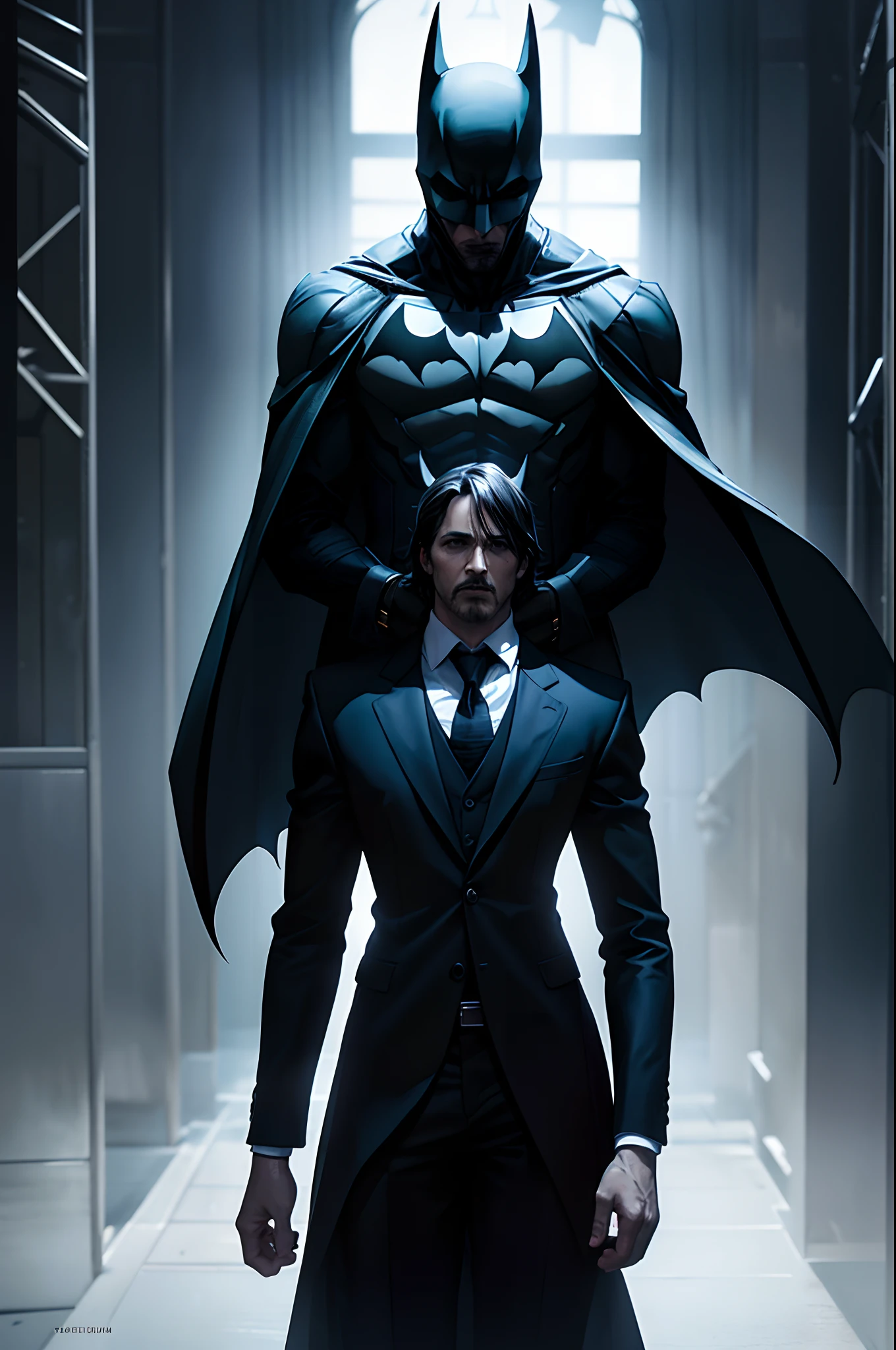 batman and a man in a suit standing in front of a cage, a picture by Robert Jacobsen, flickr, neo-dada, still from the dark knight, film still of batman, the dark knight, from movie batman, dark knight, in batman, Christian Bale as batman, batman, in his suit, still image from batman movie, christian bale