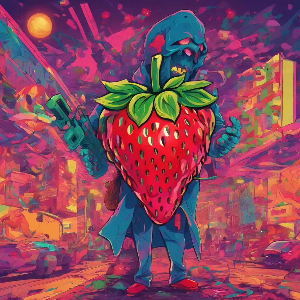 An Anime masterpiece a Humanoid Strawberry with a Psycho face, Holding a Chainsaw, Fighting Humanoid Zombie Fruits in a City at night, HD , Cinematic