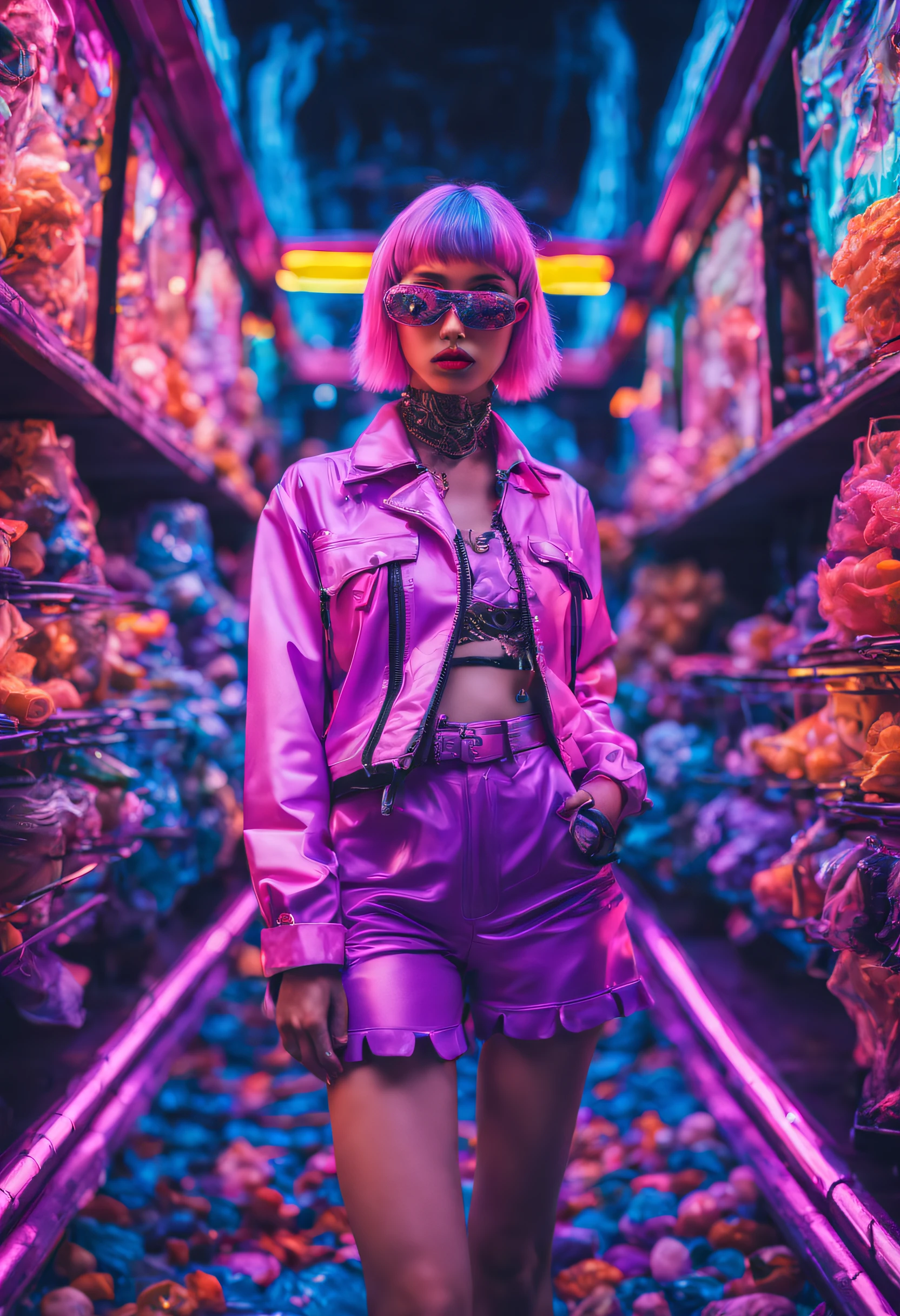 neonpunk style, lingerie, Bizarre and absurd, radiant neon patterns, top-down perspective, a discord, galago clouds mask, photobashing mask to face, butterfinger, a playground, flooded, realistic hyper-detailed rendering, psychedelic dreamscapes, expression conveys excitement, bella kotak, contemporary indian art, infrared photography, 200mm lense, nuclear waste, rococo pastels, 2030, cyberpunk, vaporwave, neon, vibes, vibrant, stunningly beautiful, crisp, detailed, sleek, ultramodern, magenta highlights, dark purple shadows, high contrast, cinematic, ultra detailed, intricate, professional