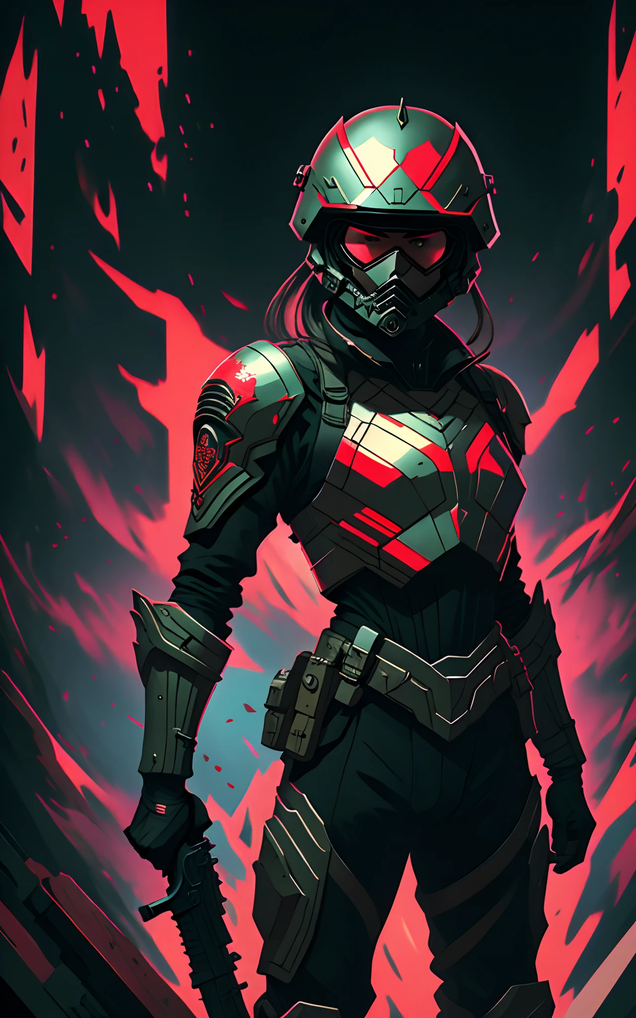 Amazing masterpiece Futuristic soldier wearing a black gear and a dark red helmet holding a weapon pastel best quality digital art, fan art, body details, fine details, cinematic lighting, 8k, --auto --s2
