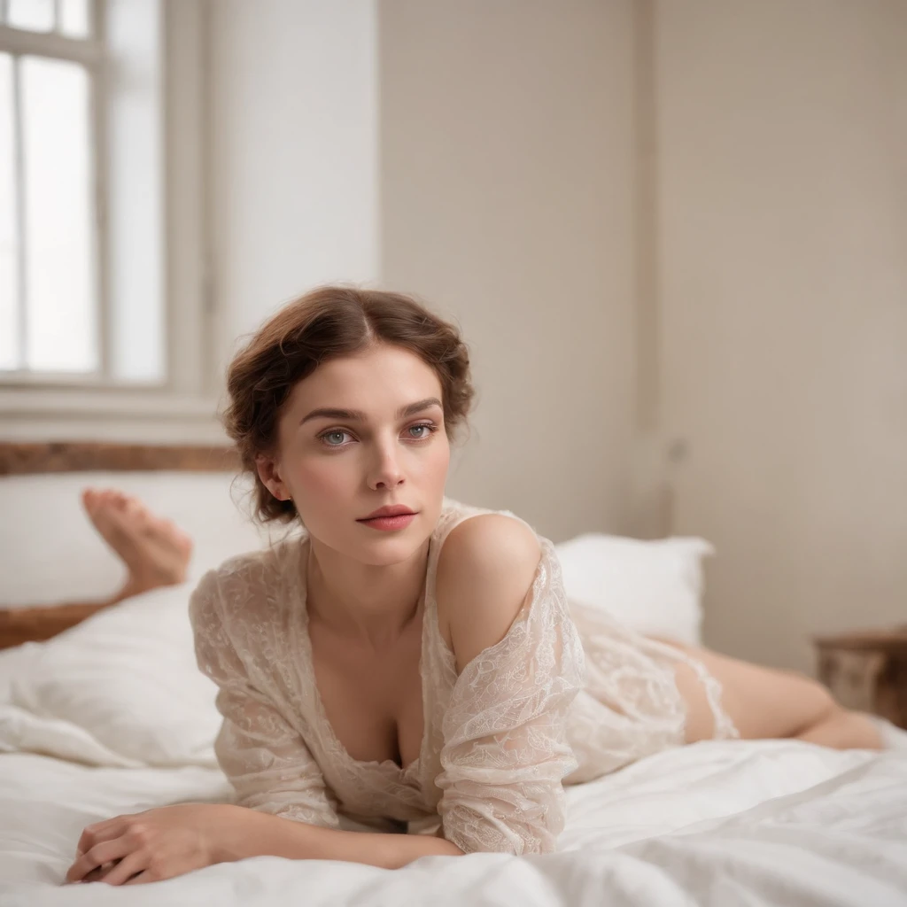 wide angle photograph, genetic descendent of international model alena yarysh and ADRIANNA DANIEL, expressively modeling poses for egon schiele, lying on a bed, 1919