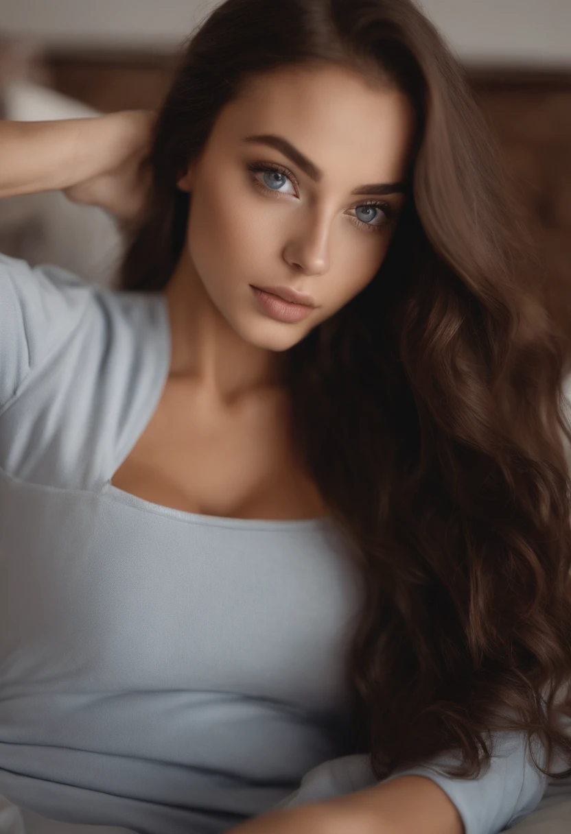 arafed woman with no top and panties, sexy girl with blue eyes, portrait sophie mudd, brown hair and large eyes, selfie of a young woman, bedroom eyes, violet myers, without makeup, natural makeup, looking directly at the camera, face with artgram, subtle makeup, stunning full body shot, cleavage, at the mall