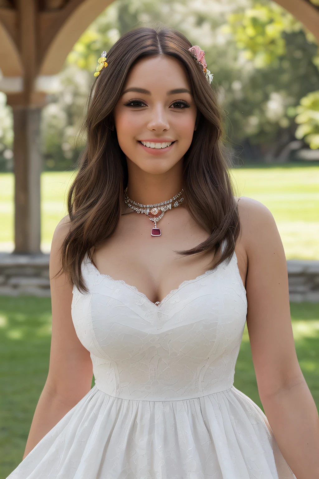 Capture a stunning 29-year-old UK woman, outside, standing normal, wearing a white dress, Her hair is a rich brunette with subtle highlights, styled in luscious waves that frame her face beautifully. She has striking green eyes that contrast with her brown hair, adding a touch of mystery and allure. The photo should exude confidence and elegance, highlighting her natural beauty and captivating presence, cup size 34D(tetas grandes), made by iPhone, whitened teeth, show teeth