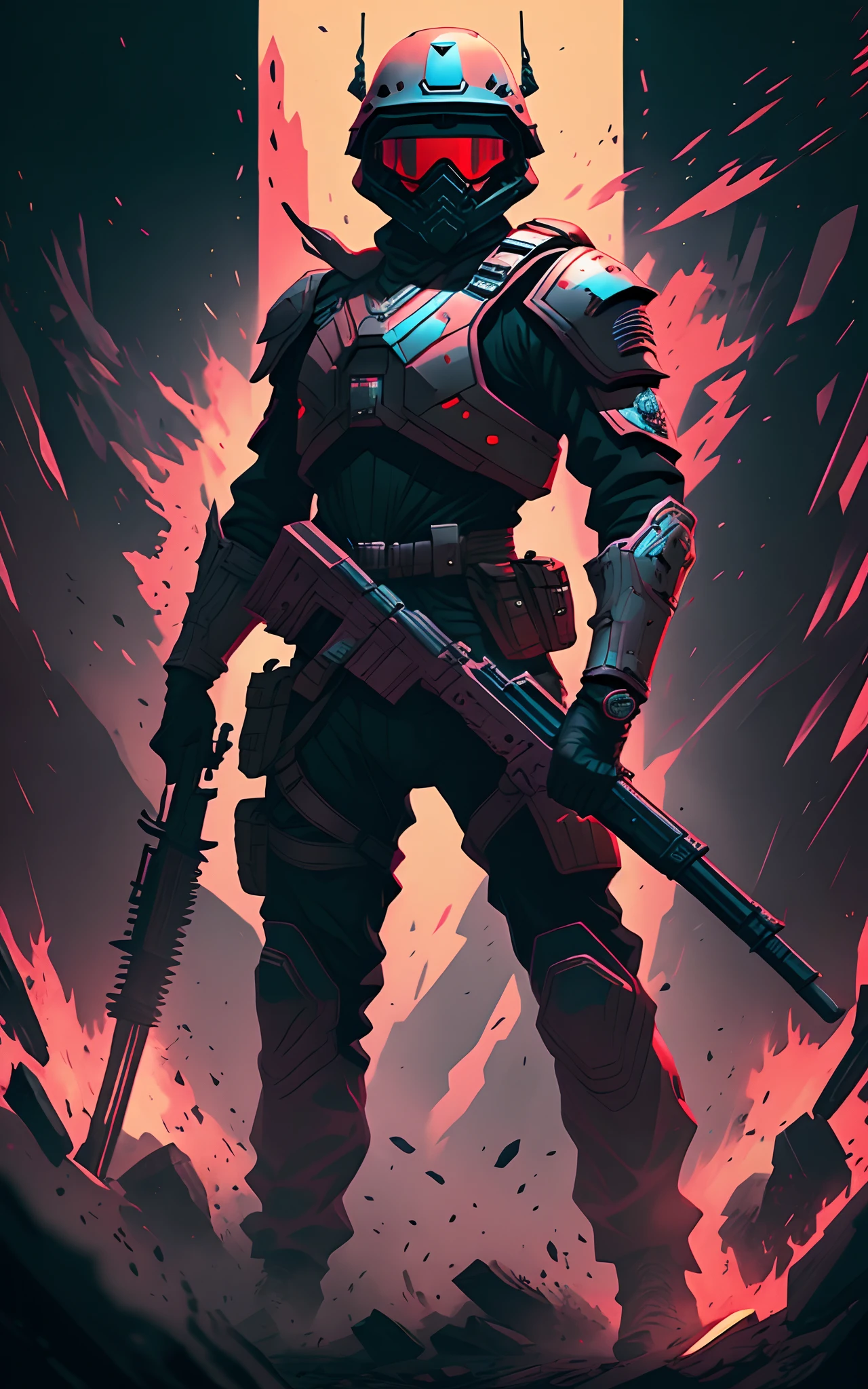 Amazing masterpiece Futuristic soldier wearing a black gear and a dark red helmet holding a weapon  pastel best quality digital art, fan art, body details, fine details, cinematic lighting, 8k, --auto --s2