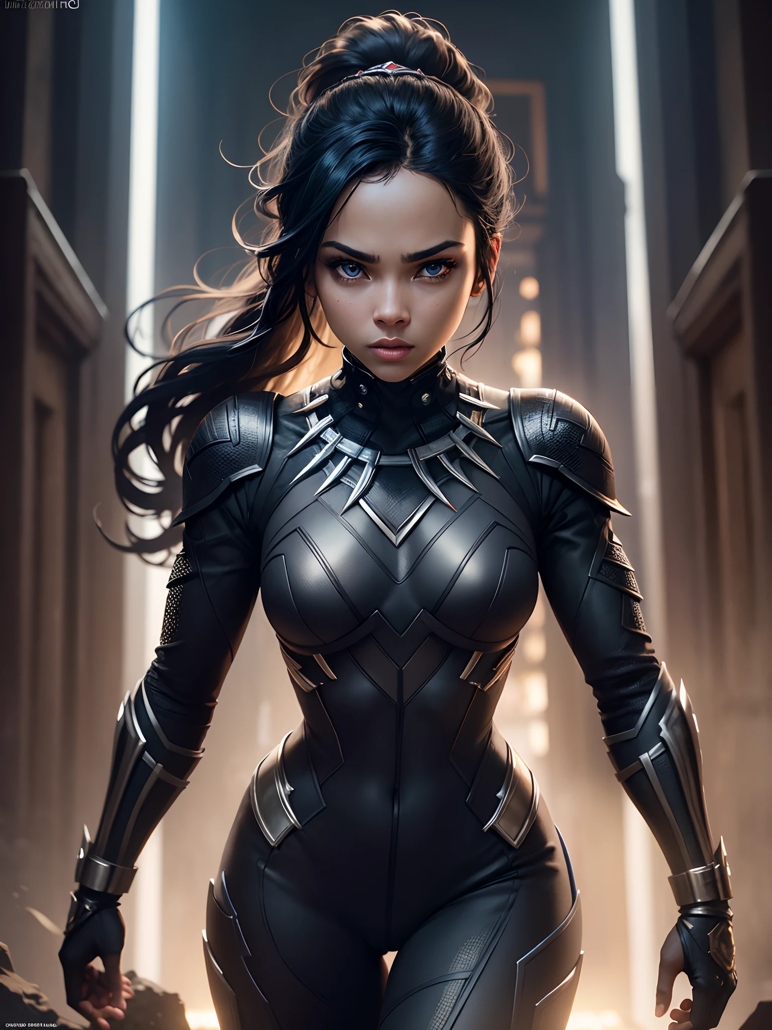 girl 25 years old, beautiful like Black Panther 8k, high definition, Detailed face, Detailed face, Detailed eyes, detailed suit, in the style of Marvel and DC, hyper-realistic, + cinematic shot + dynamic composition, incredibly detailed, sharpen, Details + Superb details + night light + perfectionism + award-winning realism ((Moody Lighting)), (One:1.4 only), (Dynamic poses: 1.4), (Viewer facing:1.3), HD4