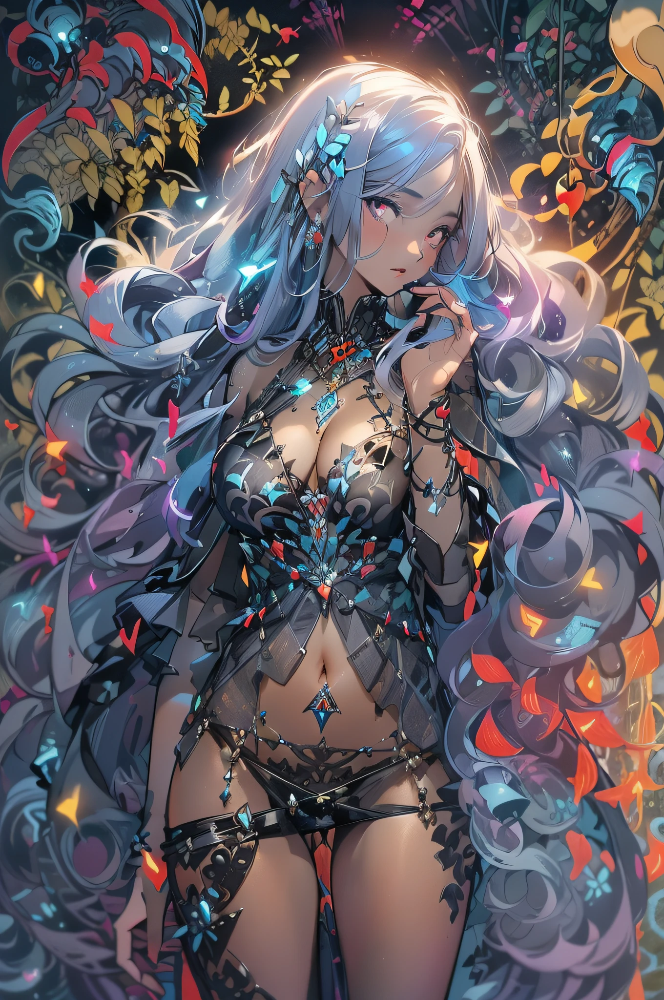 Realistic, (Masterpiece, Top Quality, Best Quality, Official Art, Beauty and Aesthetics: 1.2), Very Detailed, Fractal Art, Colorful, Most Detailed, Zentangle, (Abstract Background: 1.5) (3 girl3), God, long Blue Hair, (Glowing black Eyes), Pectals, Abs, thick thighs, big breasts, big booty, see thru dress , ((nsfw 1.4)) Mysterious, (Magic), Crystal