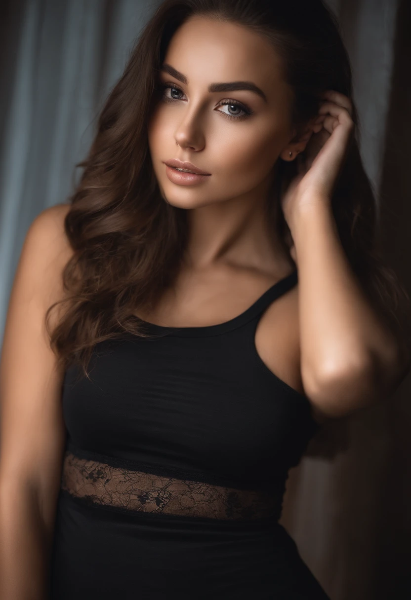 Arafed woman with matching tank top and panties, fille sexy aux yeux bruns, Portrait Sophie Mudd, cheveux bruns et grands yeux, selfie of a young woman, Yeux de chambre, Violet Myers, sans maquillage, maquillage naturel, looking straight at camera, Visage avec Artgram, Maquillage subtil, Superbe photo du corps entier, dans la chambre, clivage, tits, ass, sexy, sex, levrette, position sex, in the club
