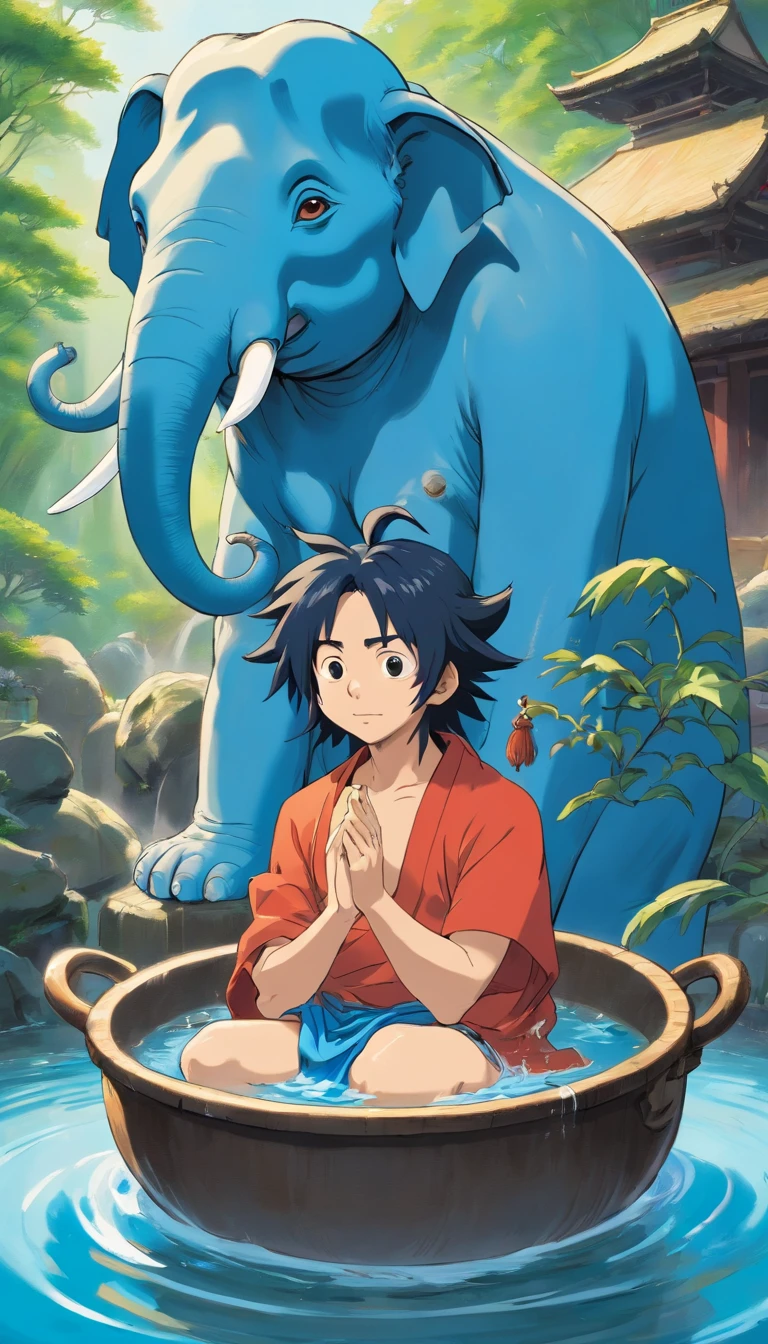 Spirited Away's Wind,hayao myiazaki,Blue Skin Dreadlock Man Adult Lord Shiva,Blue-skinned elephant Ganesha,Spirited Away,Pleasure,Recreational bath,The moonlight is beautiful