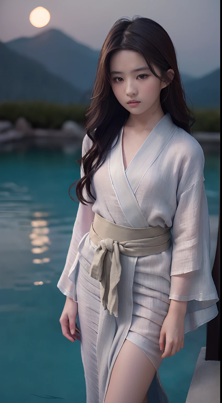 ((Best quality, 8K, Masterpiece :1.3)), Sharp focus:1.2 ， Photorealsitic，(Cinematic lighting)，Facial detail texture. Eye details. Double eyelids, Slender body. Super small breasts, 12-year-old girl, photo-realistic:1.37，Perfect eyes, ((1 Girl in underwear yukata))，（white sash），(Thick fabric)，((Ragged linen))，With a petite figure，brunette color hair，Long hair draped loosely，Qi bangs，Stand in a cold pool，Full body like，Clothing covers the whole body，folds，((solid color backdrop))，is shy，Be red in the face