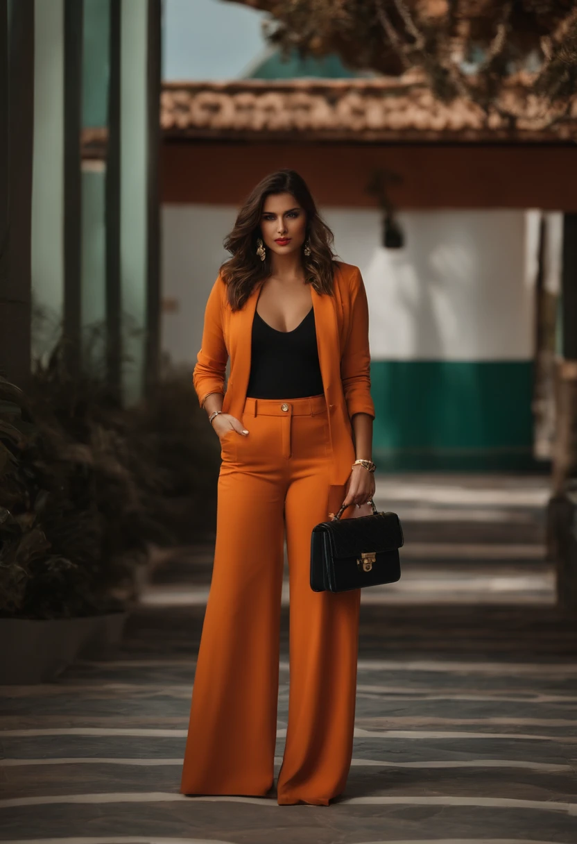 A woman in an orange suit and black top standing in a hallway - SeaArt AI