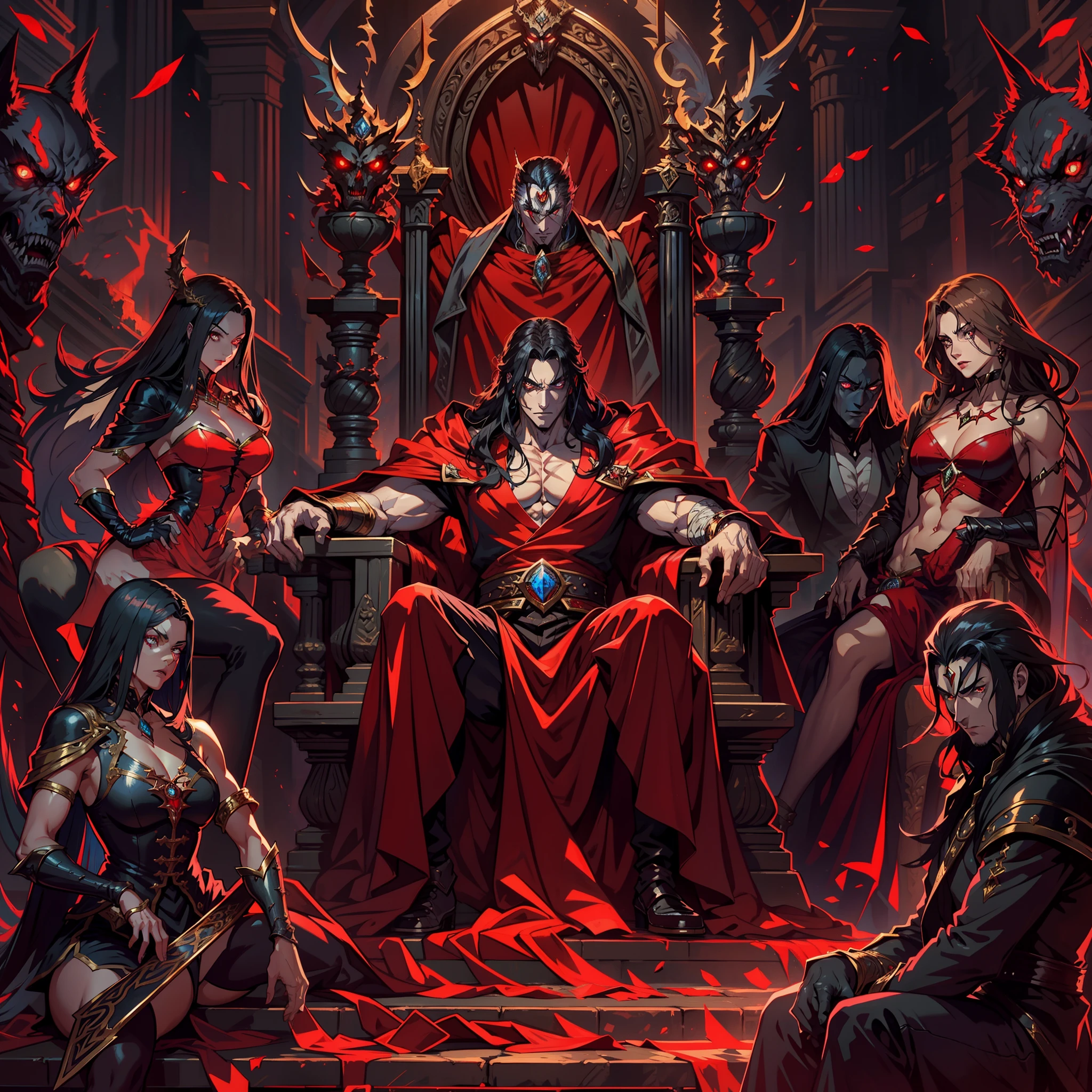 Castlevania Lord of shadows muscular beautiful red bright eyes crystal hyper realistic super detailed scary Lord Dracula sitting on his big throne with his legendary Moroccan princesses next to him Read large scrolls with a red expression of anger bright eyes hyper realistic face portrait super detailed Dynamic shot centerpiece movie Epic Legendary hokuto no ken movie style