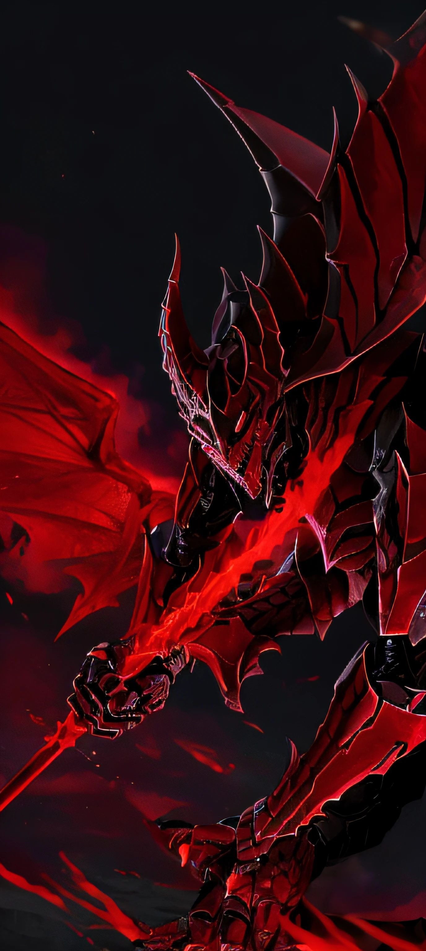 A close-up of a toy with a bat, demonic dragon inspired armor, Alas de demonio, Armadura reflejada negra y roja, Alas negras en lugar de brazos, Fat torn satanic creature, draconic looking armor, Traje rojo y negro!!!, Esquema negro y rojo, ojos totalmente rojos sin pupilas, Armadura negra y roja, Alas del diablo, Armadura de demonio rojo