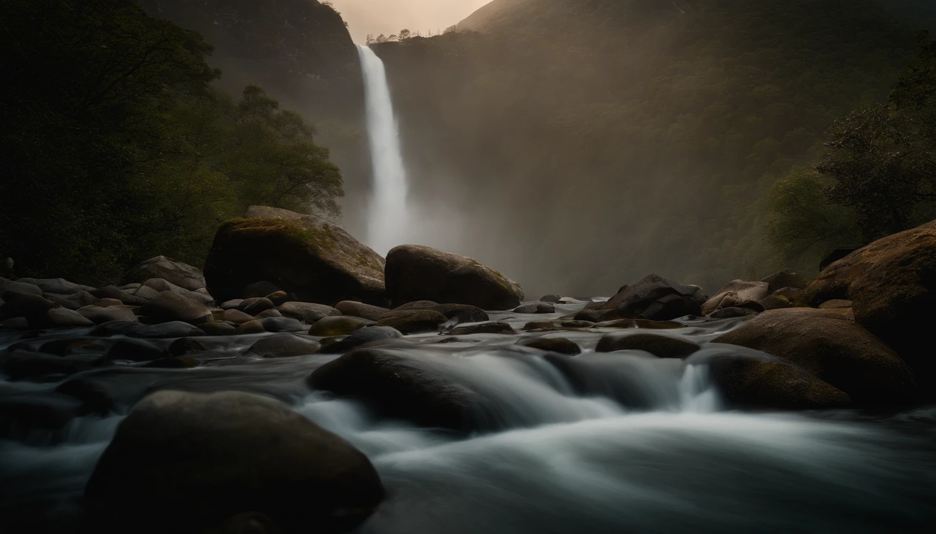 a blonde with voluptuous shapes jumps naked from the top of a waterfall and is photographed from the right side while falling and the waterfall is on the left side and her whole body is wet