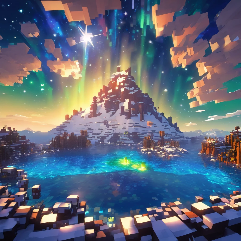 partial underwater shot, zoom layer, Atmospheric perspective, in a panoramic view, Lens flare, Sony FE GM, Ultra-wide angle, Masterpiece, Anatomically correct, Super detail, High quality, High details,Background: Magnificent snow-capped mountains under the stars, aurora, meteor shower, Beautiful