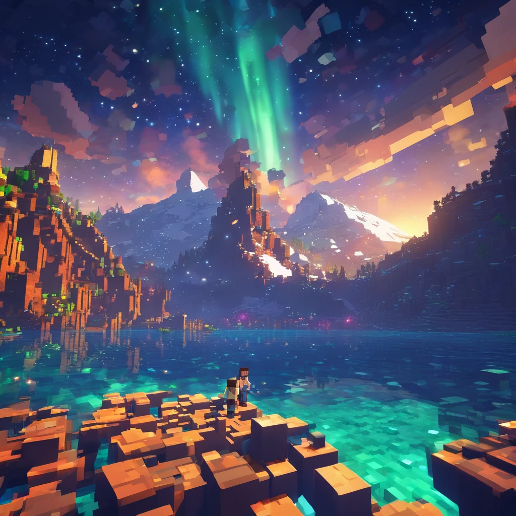 partial underwater shot, zoom layer, Atmospheric perspective, in a panoramic view, Lens flare, Sony FE GM, Ultra-wide angle, Masterpiece, Anatomically correct, Super detail, High quality, High details,Background: Magnificent snow-capped mountains under the stars, aurora, meteor shower, Beautiful