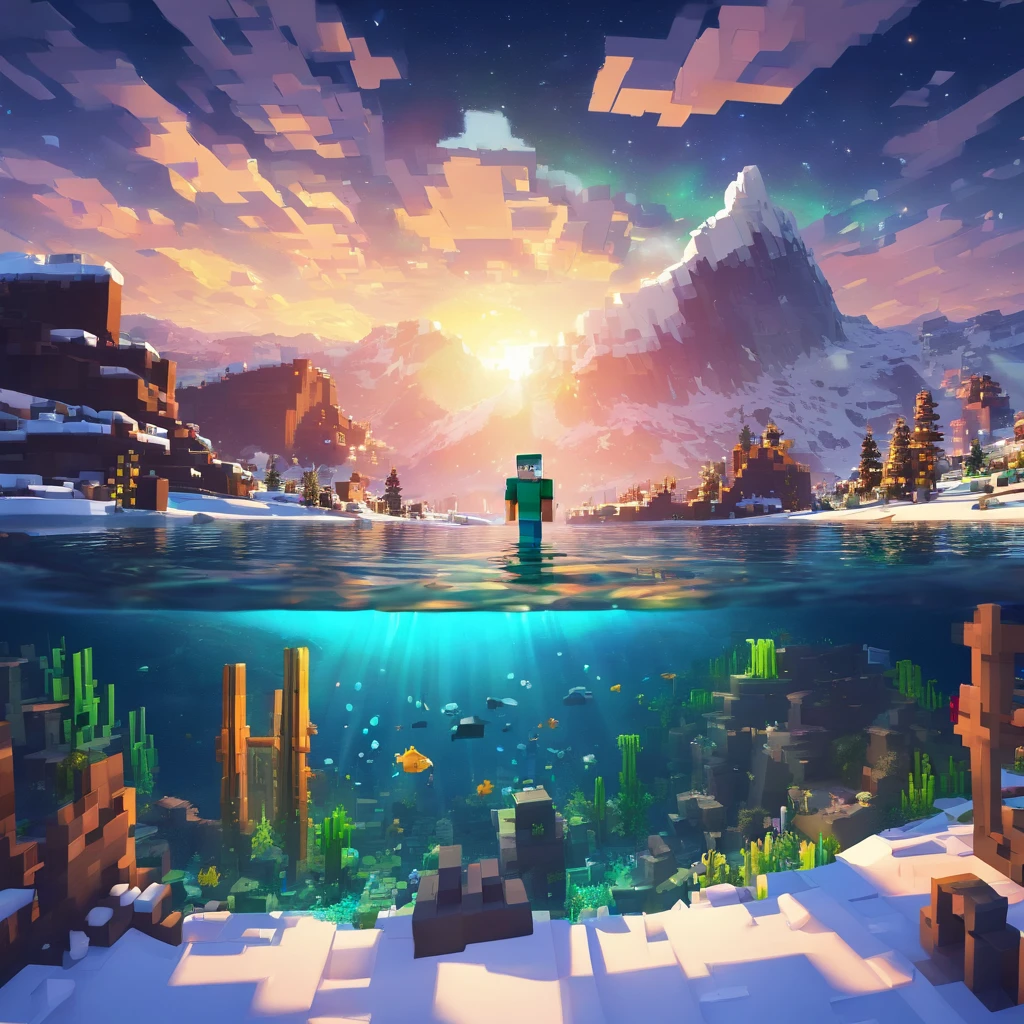 partial underwater shot, zoom layer, Atmospheric perspective, in a panoramic view, Lens flare, Sony FE GM, Ultra-wide angle, Masterpiece, Anatomically correct, Super detail, High quality, High details,Background: Magnificent snow-capped mountains under the stars, aurora, meteor shower, Beautiful