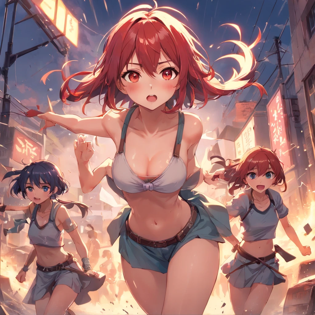 (Perspective),(Low Angle),((Comics)),(Masterpiece))), (((Best Quality))),((((Bare loincloth lifted up)))),((Ultra-detailed)), (highly detailed CG illustration), ((extremely delicate and beautiful face))),(masked), cinematic light, Malaysia school uniform (white shirt in blue pinafore), ripped off malaysia school uniform, (((girls in battle stances))) (full-length)), (masterpiece:1.2), ((Best quality:1.3), ((Multi-character combat))),(CHARACTERS OF THE POST-APOCALYPTIC WASTELAND WORLD)))), (CHARACTERS WANDERERS-RAIDERS)))), ((Mad Max's concept))))), (beautiful face)), ( beautiful anime eyes of characters))) , ( high-quality anime eyes of characters), (((( high-quality anime pupils)), ( beautiful anime pupils)), (( beautiful shape of anime eyes)), (( beautiful shape of anime pupils)), (( all faces with anime eyes)), ( simple anime eyes of characters))))) ,( without panties)))), wet skin, water, ((( very fighting pose))), (( very torn clothes))), atmosphere post-apocalyptic world, (((pulling on clothes))), (((bare torn clothes))))), ((eyebrows)))), ((mouth ajar))), (adult characters), ((character with red hair))), (open mouth screaming))), (angle from the ground to))), (naked)))), (pose jumps and runs)))) , (art in dynamics)))), (chase at high speed)))), (perspective from bottom to top))), ((big breasts)), (anatomy in perspective)))), (jumps))), ((naked)))), (not naked)))), ( bare chest is larger than the joint))), (( very red blush on the cheeks)))), ((background in the store of loincloth white bandages)), ((very embarrassed and red faces of girls)))), ((jumps)), ((naked shameful bandages)))), ((((absolutely without panties))))