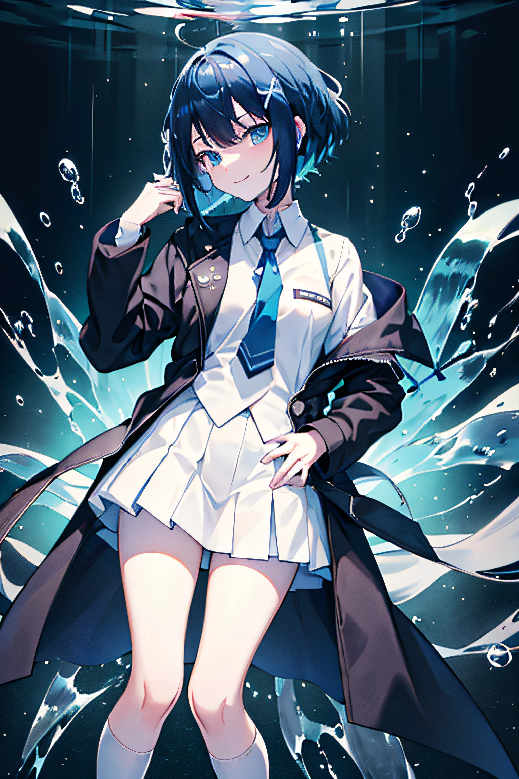 girl with, 独奏, cold attitude,((Black jacket)),She is very(relax)with  the(Settled down)Looks,A dark-haired, depth of fields,evil smile,Bubble, under the water, Air bubble,bright light blue eyes,Inner color with light blue hair and dark blue tips,Cold background,Bob Hair - Linear Art, shortpants、knee high socks、White uniform like school uniform、Light blue ribbon ties、Clothes are sheer、Hands in pockets Information
