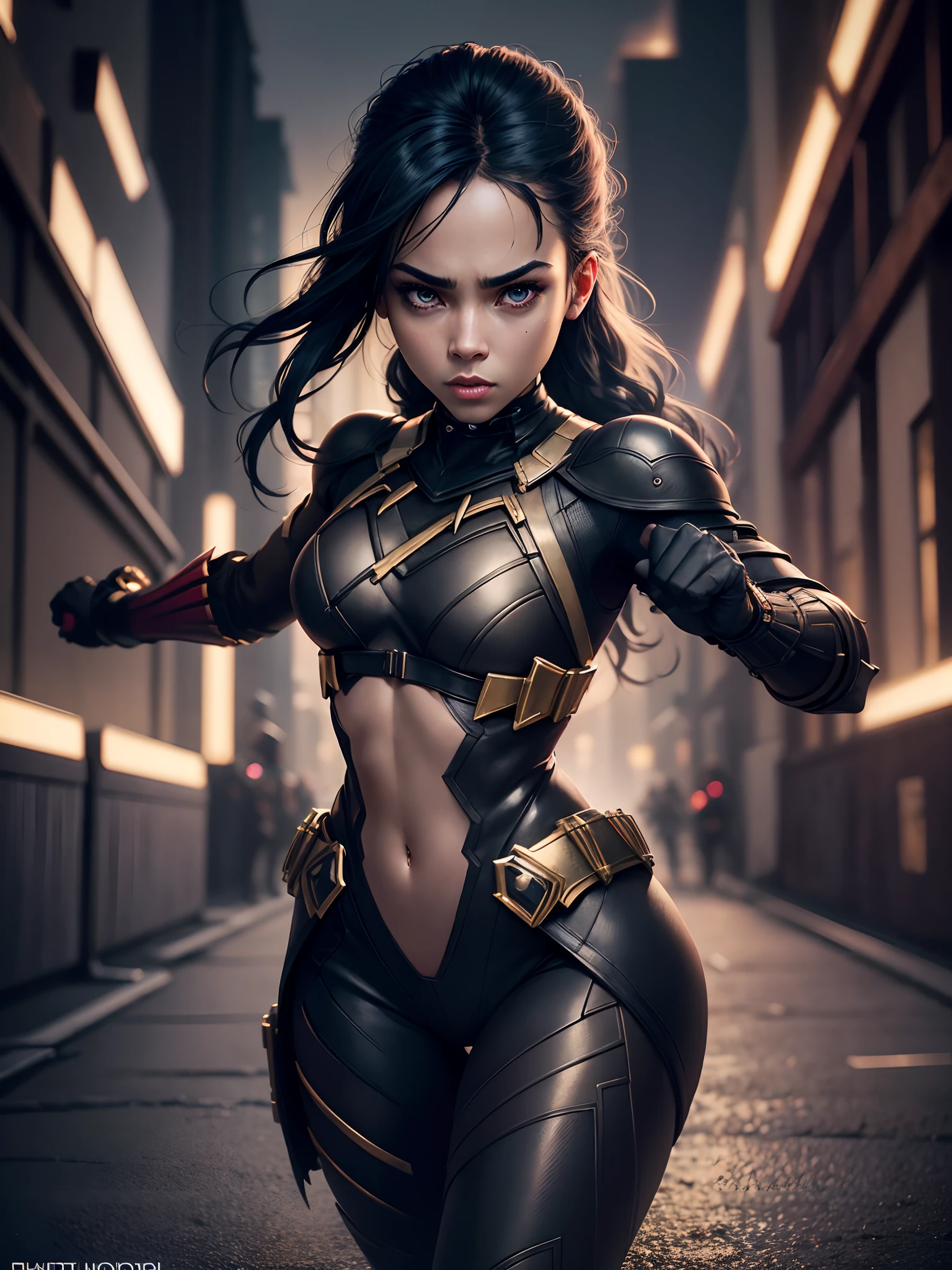 girl 25 years old, beautiful like Black Panther 8k, high definition, Detailed face, Detailed face, Detailed eyes, detailed suit, in the style of Marvel and DC, hyper-realistic, + cinematic shot + dynamic composition, incredibly detailed, sharpen, Details + Superb details + night light + perfectionism + award-winning realism ((Moody Lighting)), (One:1.4 only), (fighting poses:1.4), (Viewer facing:1.3), HD4